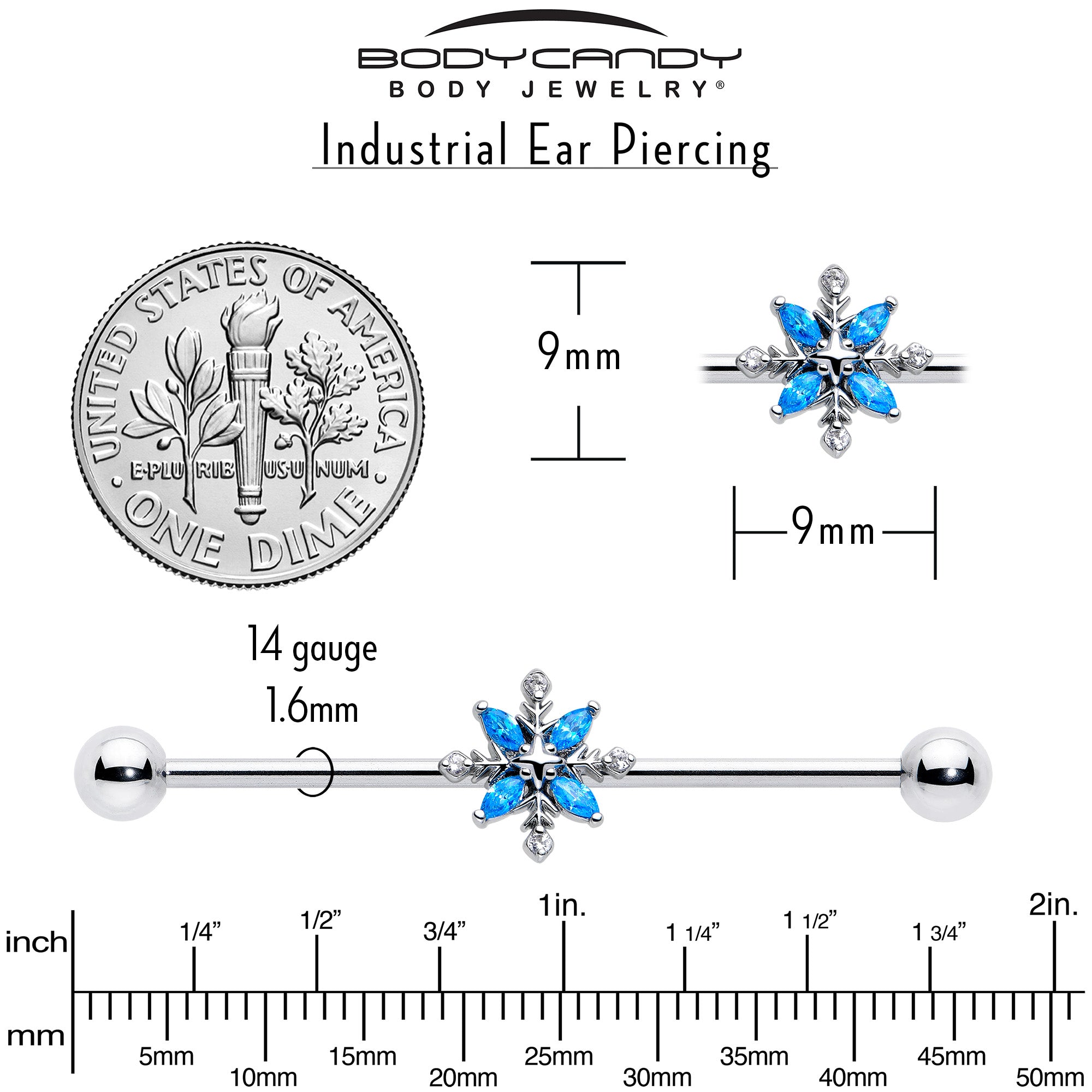 14 Gauge Industrial Barbell Blue CZ Flower Design