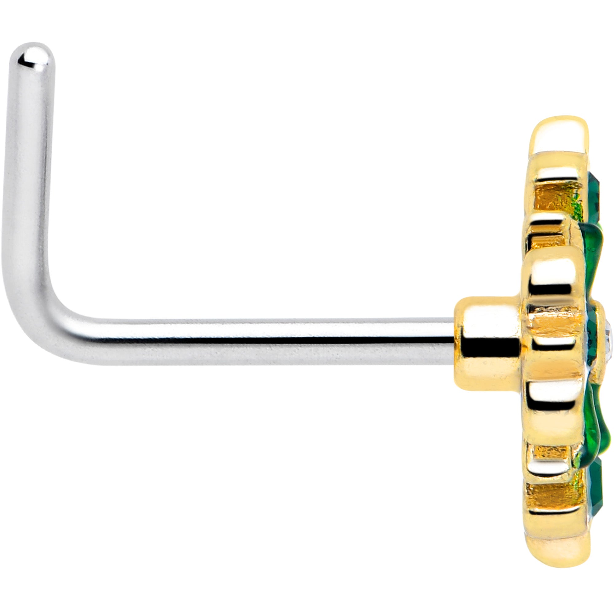 L Shape 20 Gauge Green Gem Flower Wreath Nose Ring