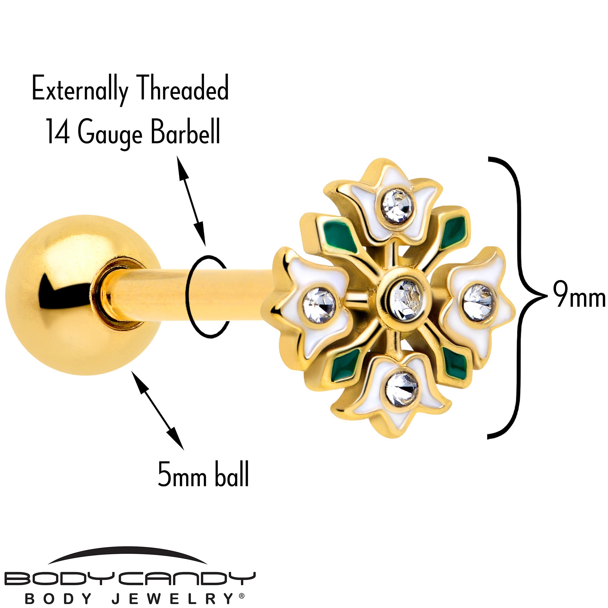 Gold Tone Flower Wreath Barbell with Clear Gem