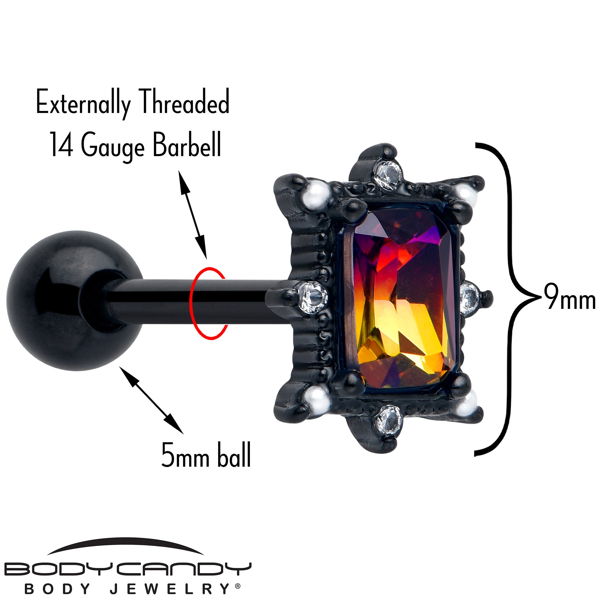 Black Star Fire Red Tourmaline Barbell Tongue Jewelry