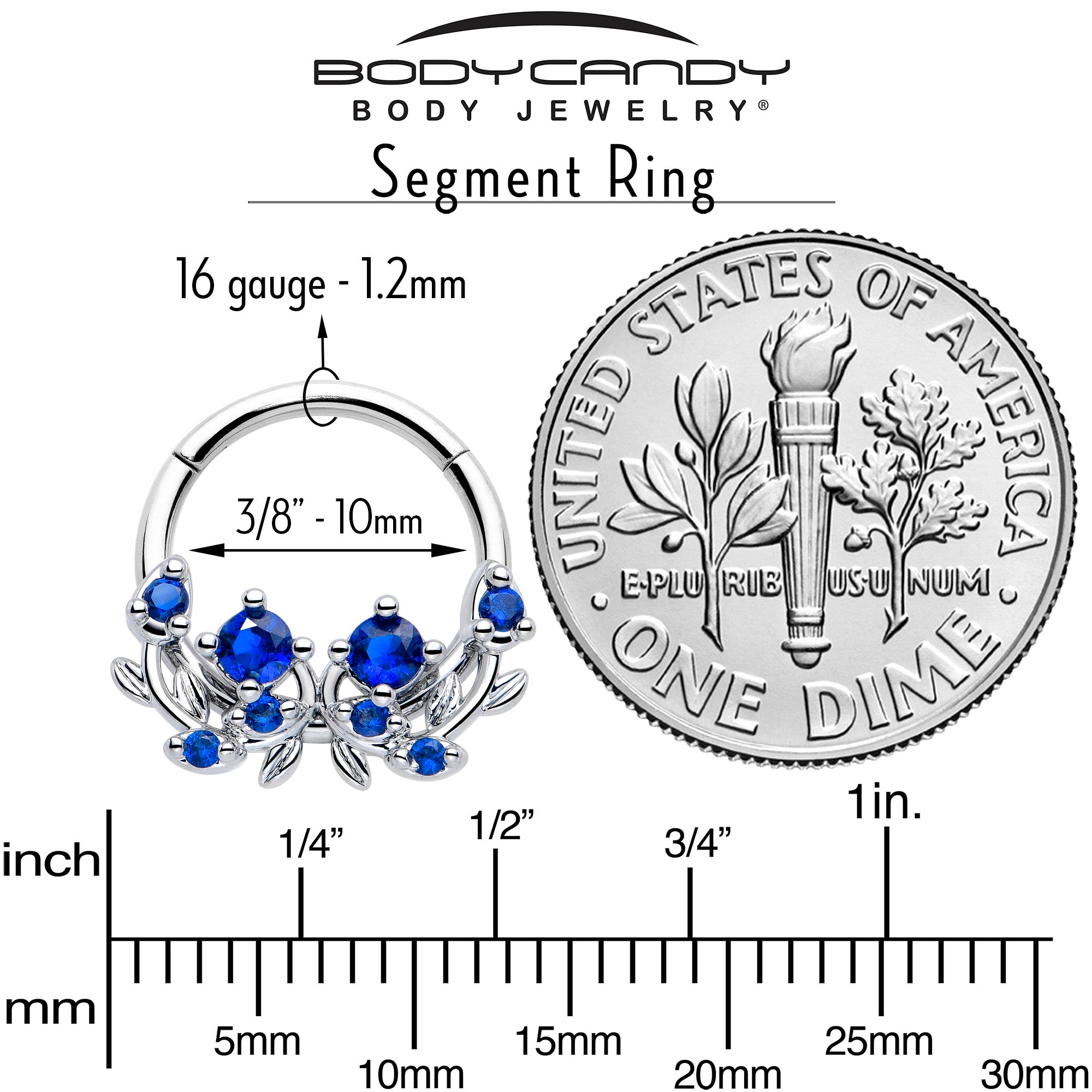 Blue Gem Twining Vine Hinged Segment Ring 16 Gauge