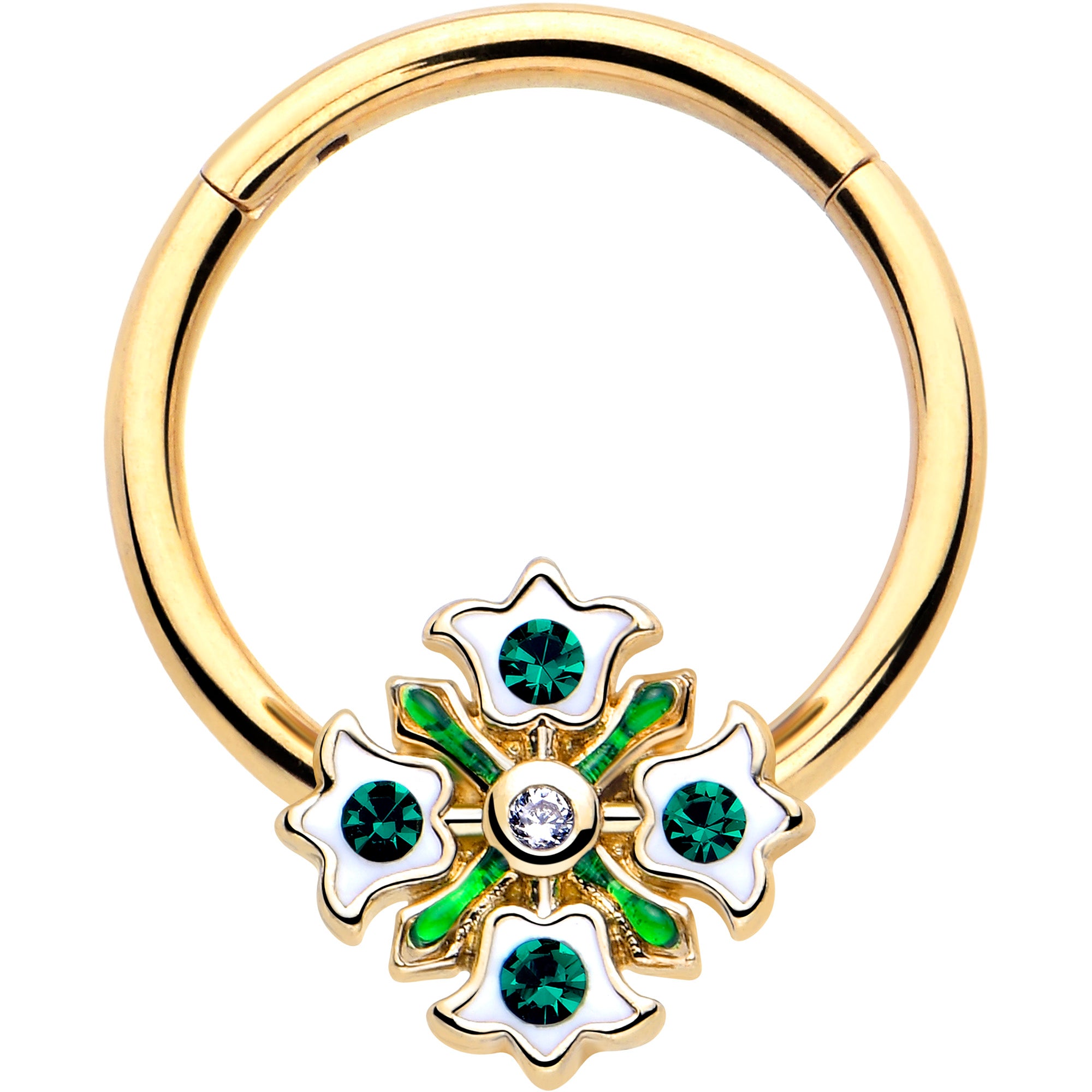 16 Gauge Green Gem Gold Tone Flower Wreath Ring