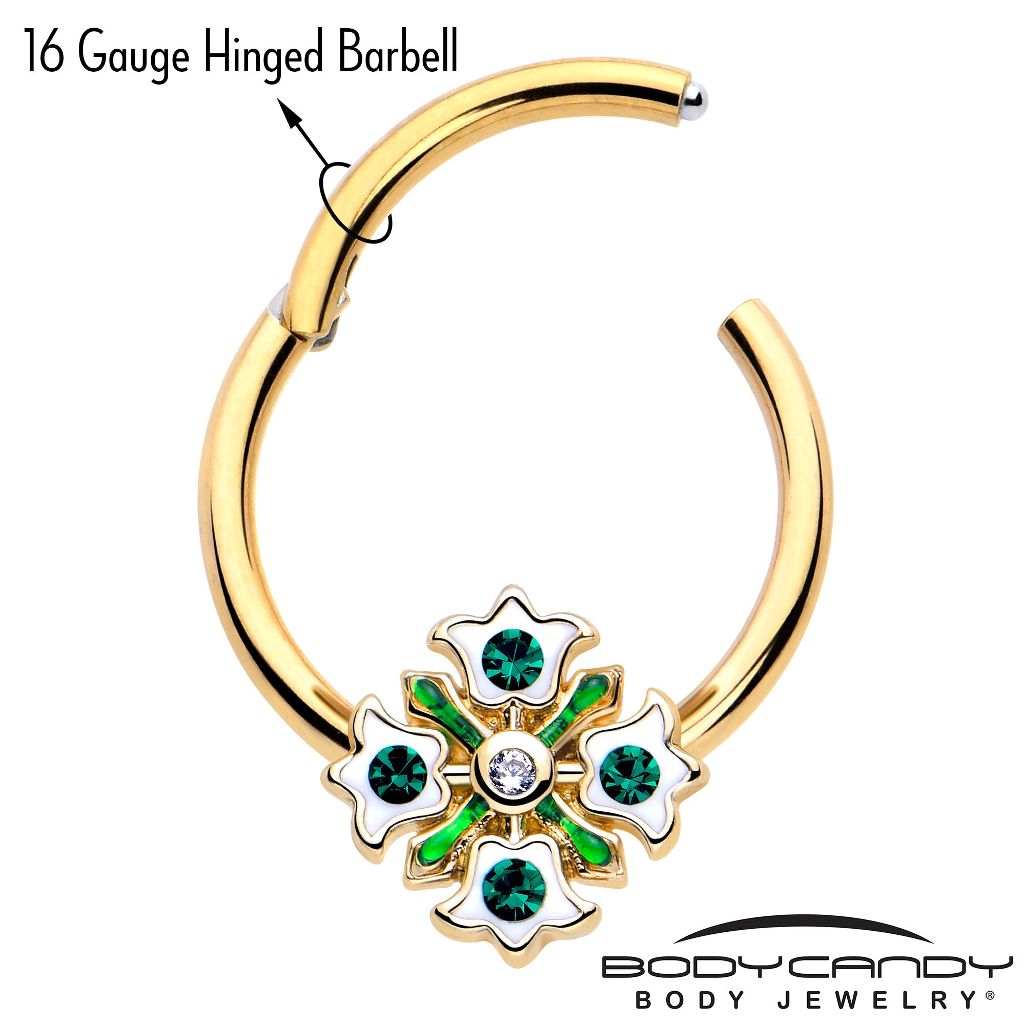 16 Gauge Flower Wreath Hinged Segment Ring with Green Gem