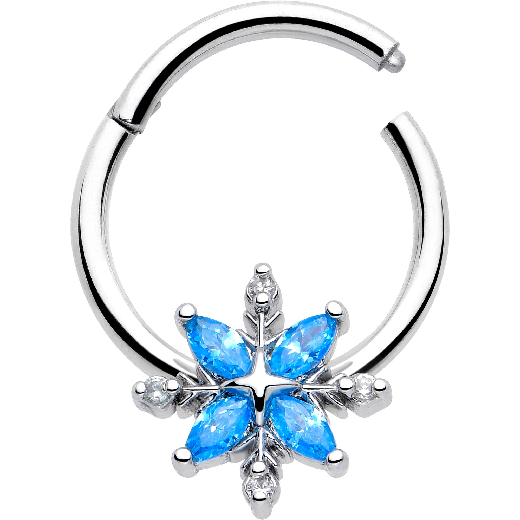 3/8 Blue CZ Gem Classic Flower Hinged Ring