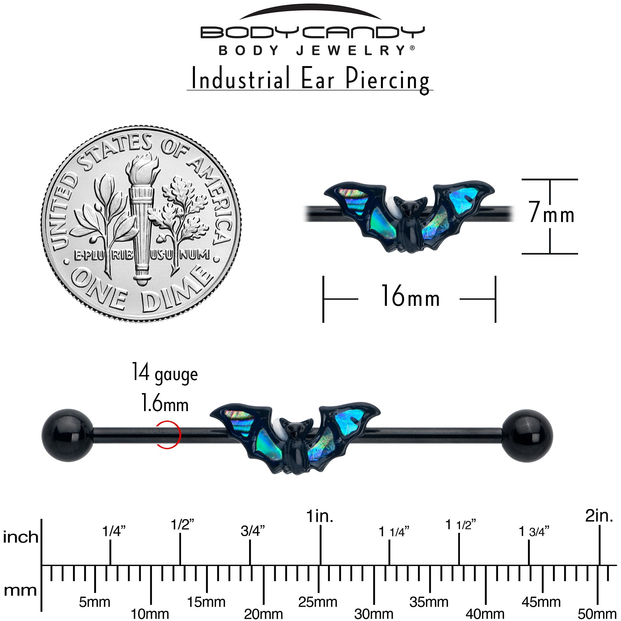 14G Black Bat in Blue Industrial Barbell 38mm