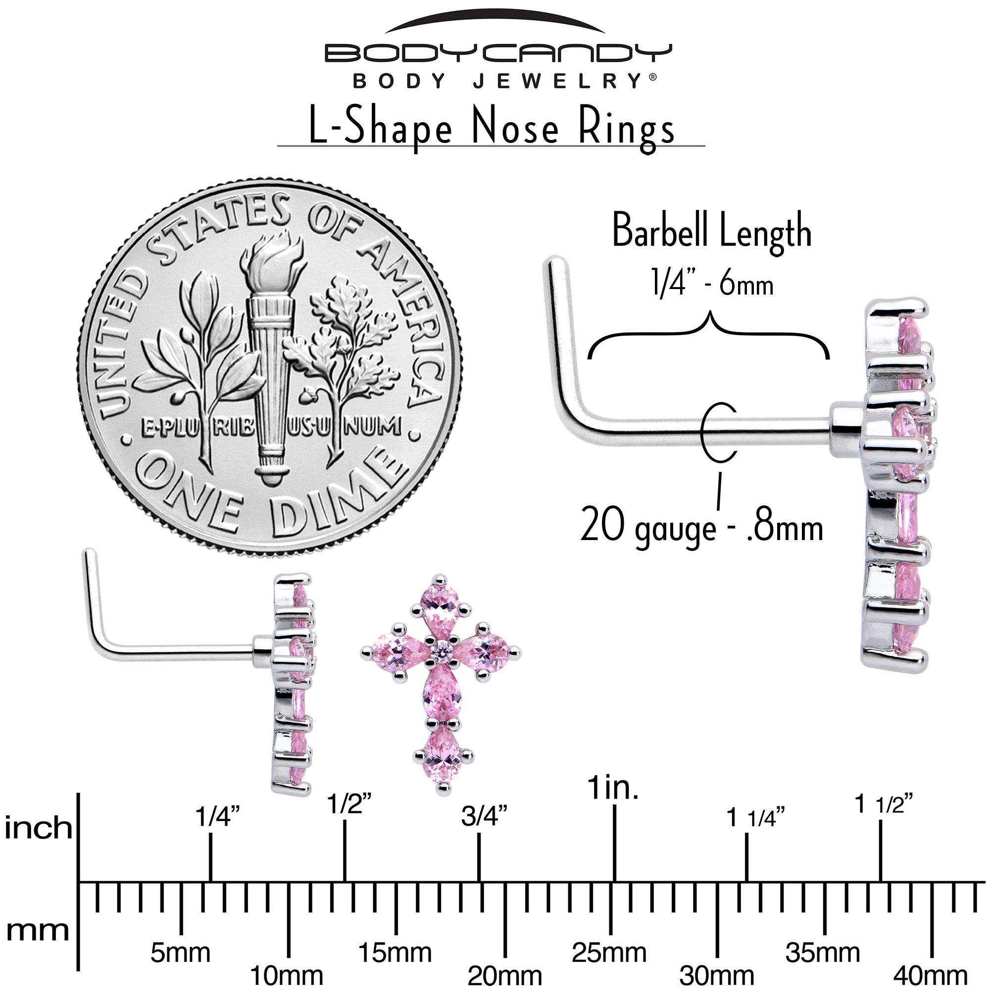 20G 7mm Pink CZ Gem Classic Cross L Shape Nose Ring