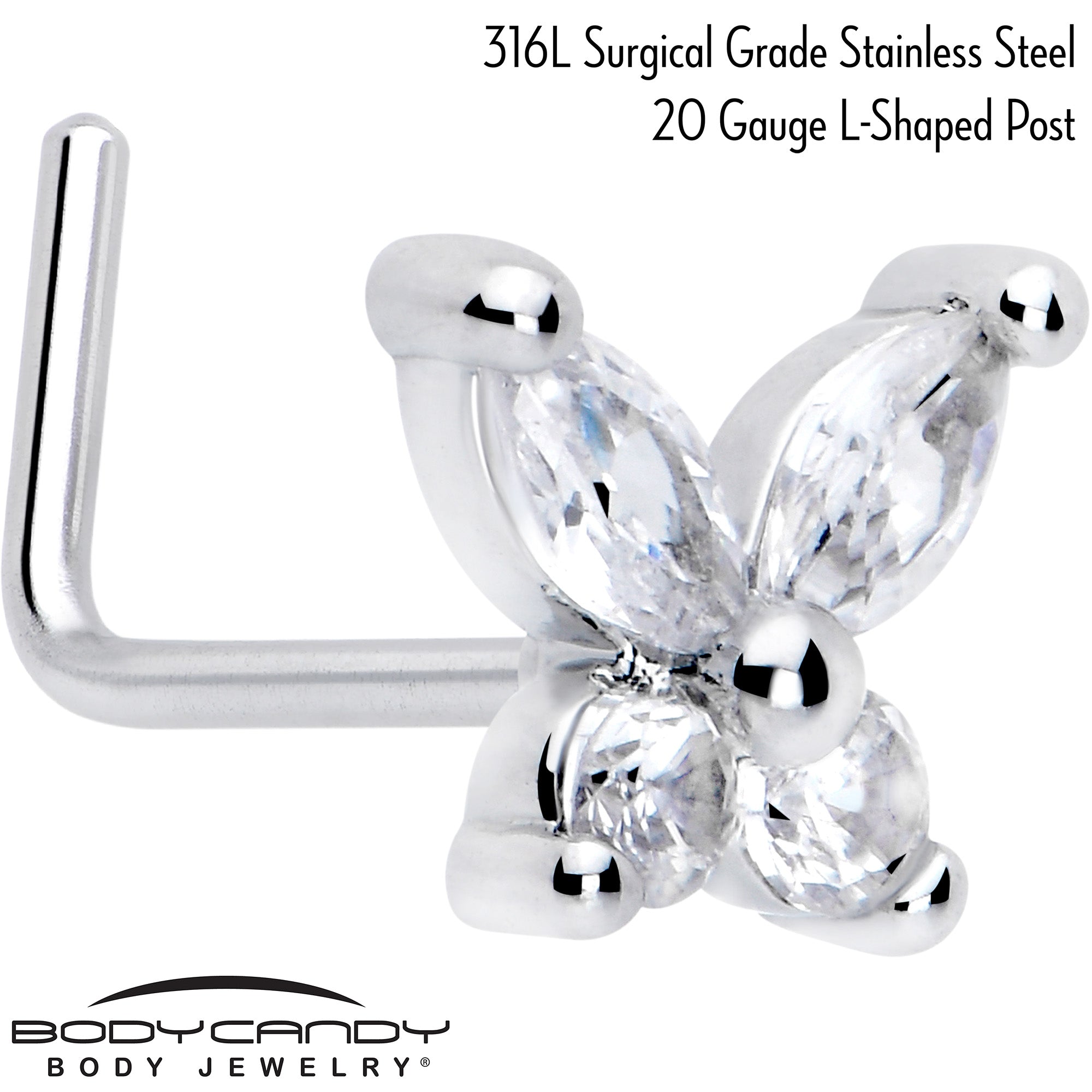 Open wing butterfly nose ring with clear CZ gem