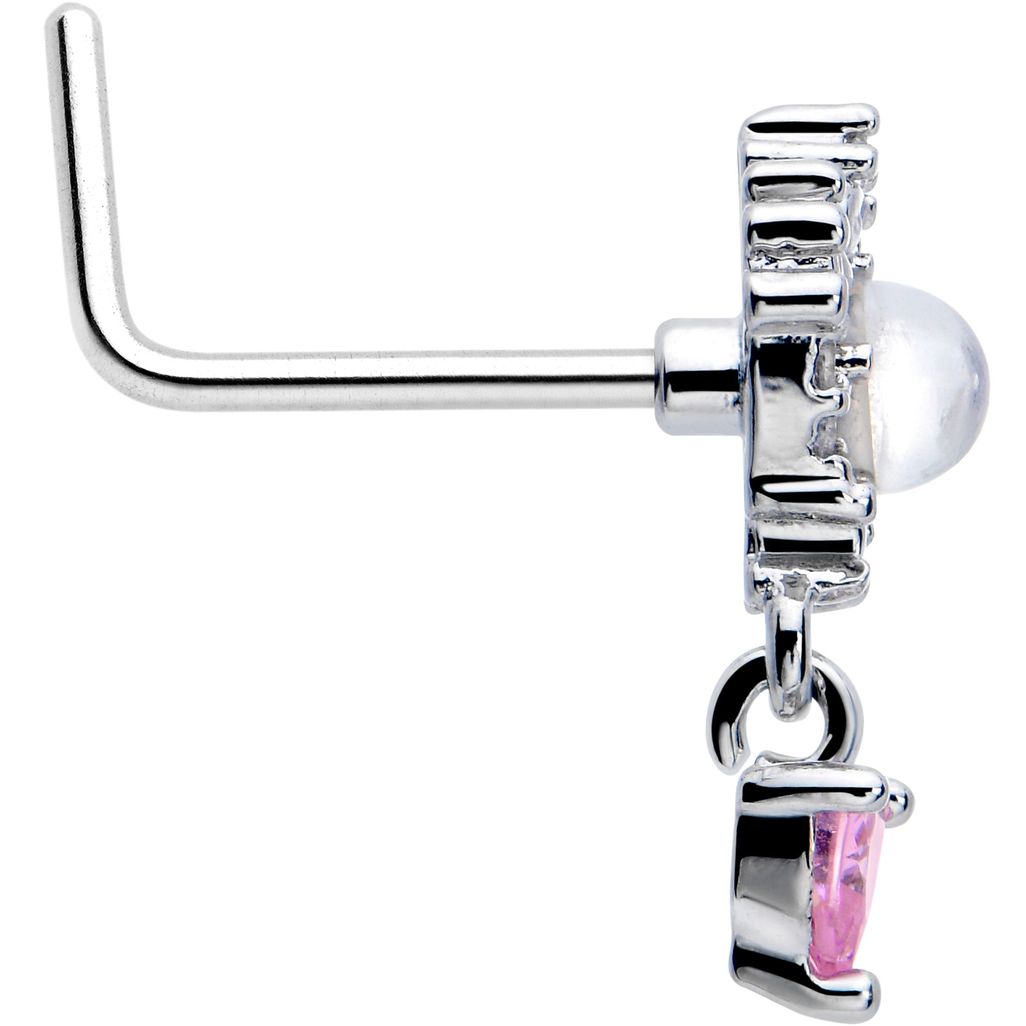 Mystique Dangle L Shape Nose Ring with Pink CZ Heart, 20 Gauge
