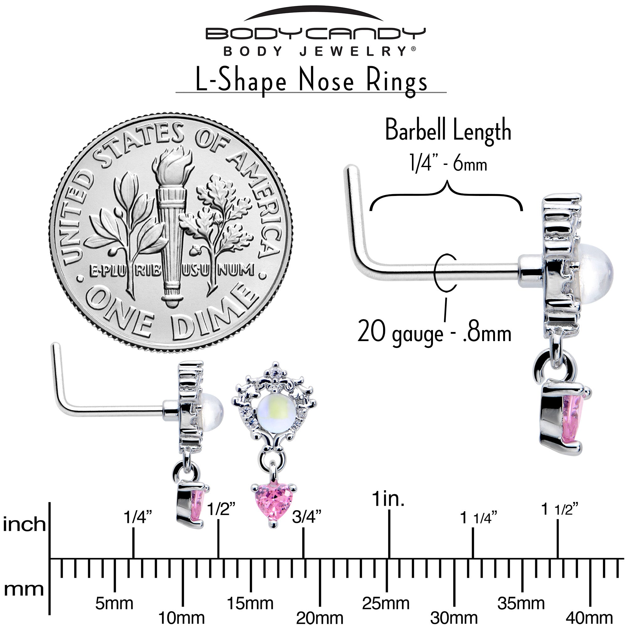 7mm Heart-Shaped Pink CZ Gem Dangle L Shape Nose Ring