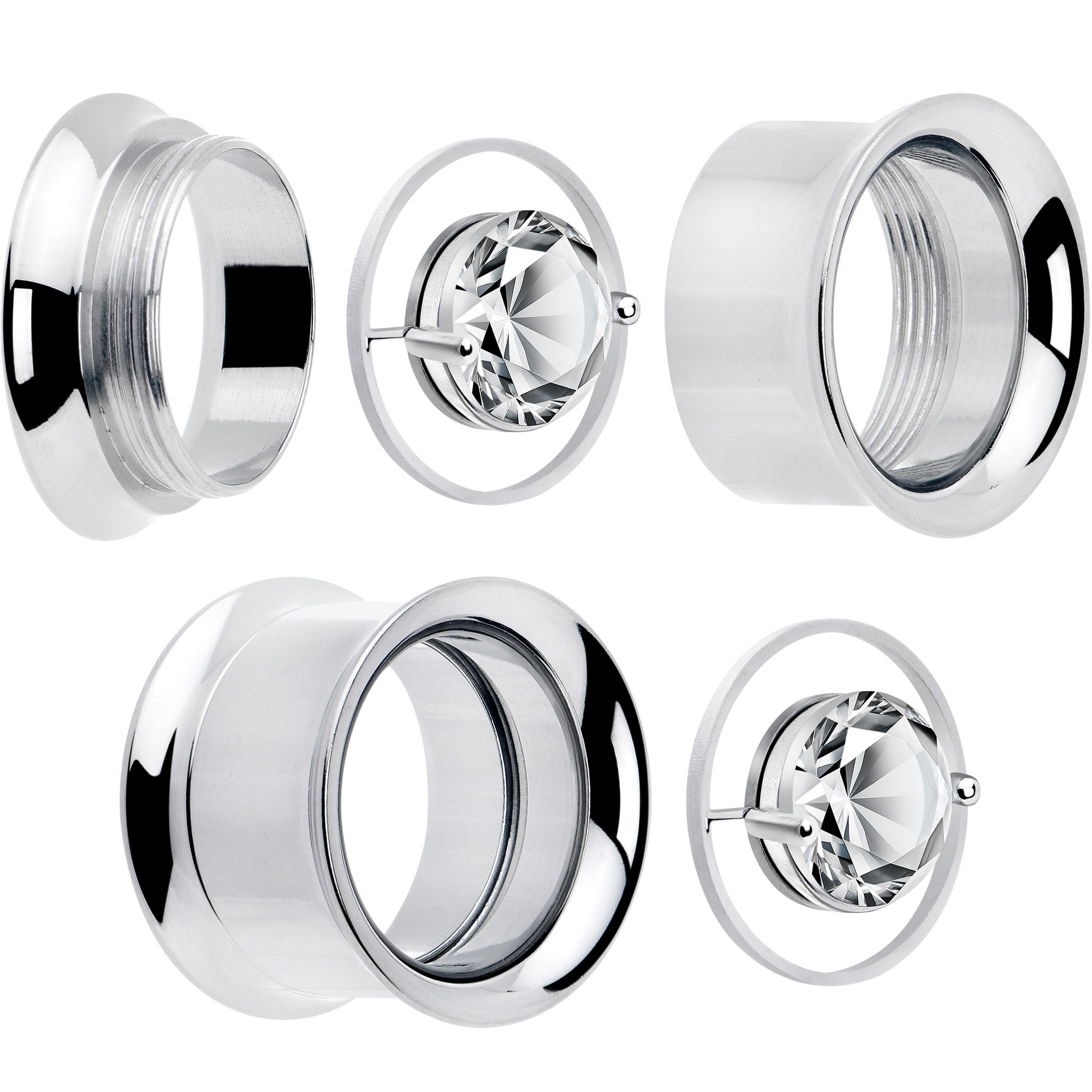 Adjustable Clear Gem Floating Screw Fit Tunnel Plug Set - 8mm to 16mm