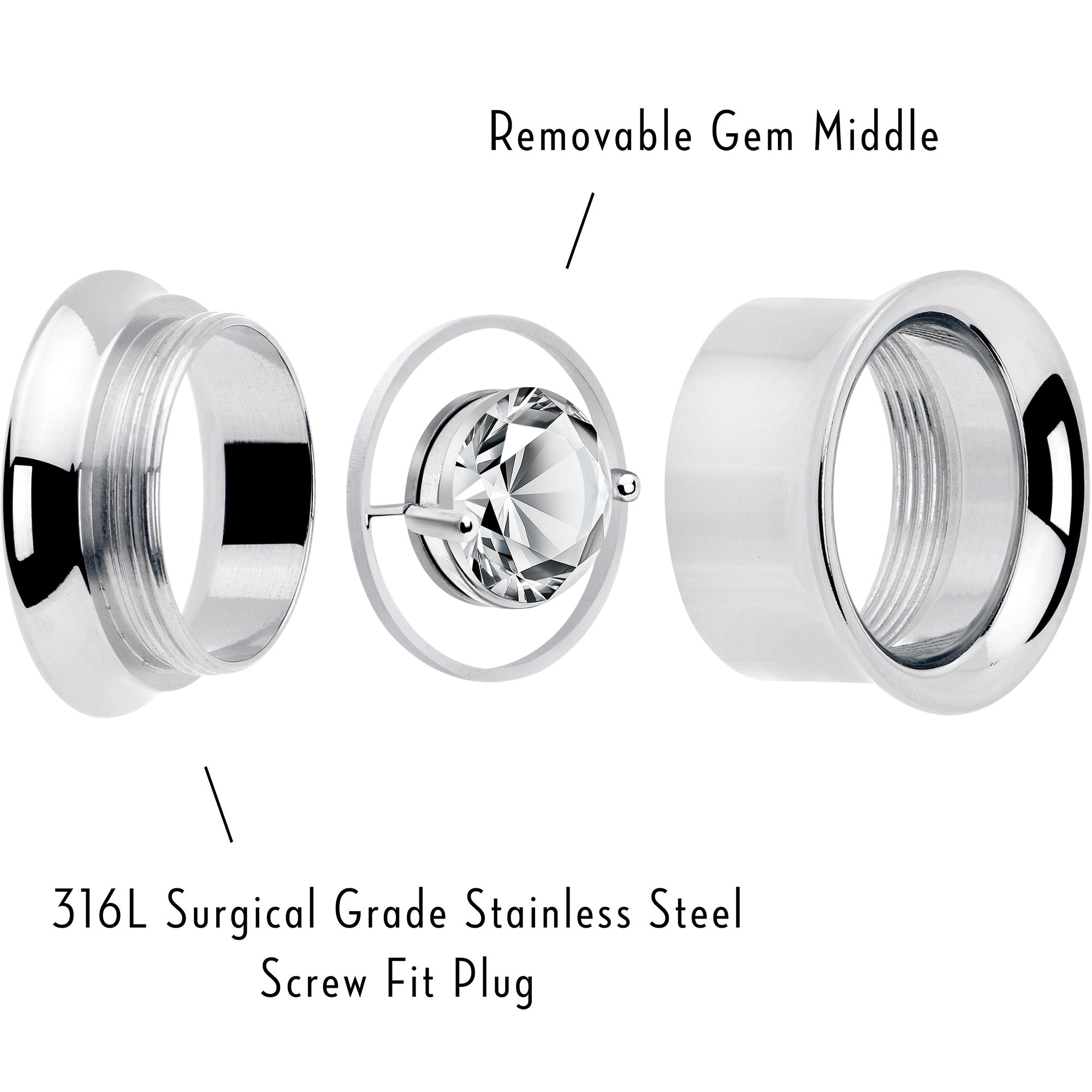 Color Gem Floating Screw Fit Tunnel Plugs - Multiple Sizes 8mm to 16mm