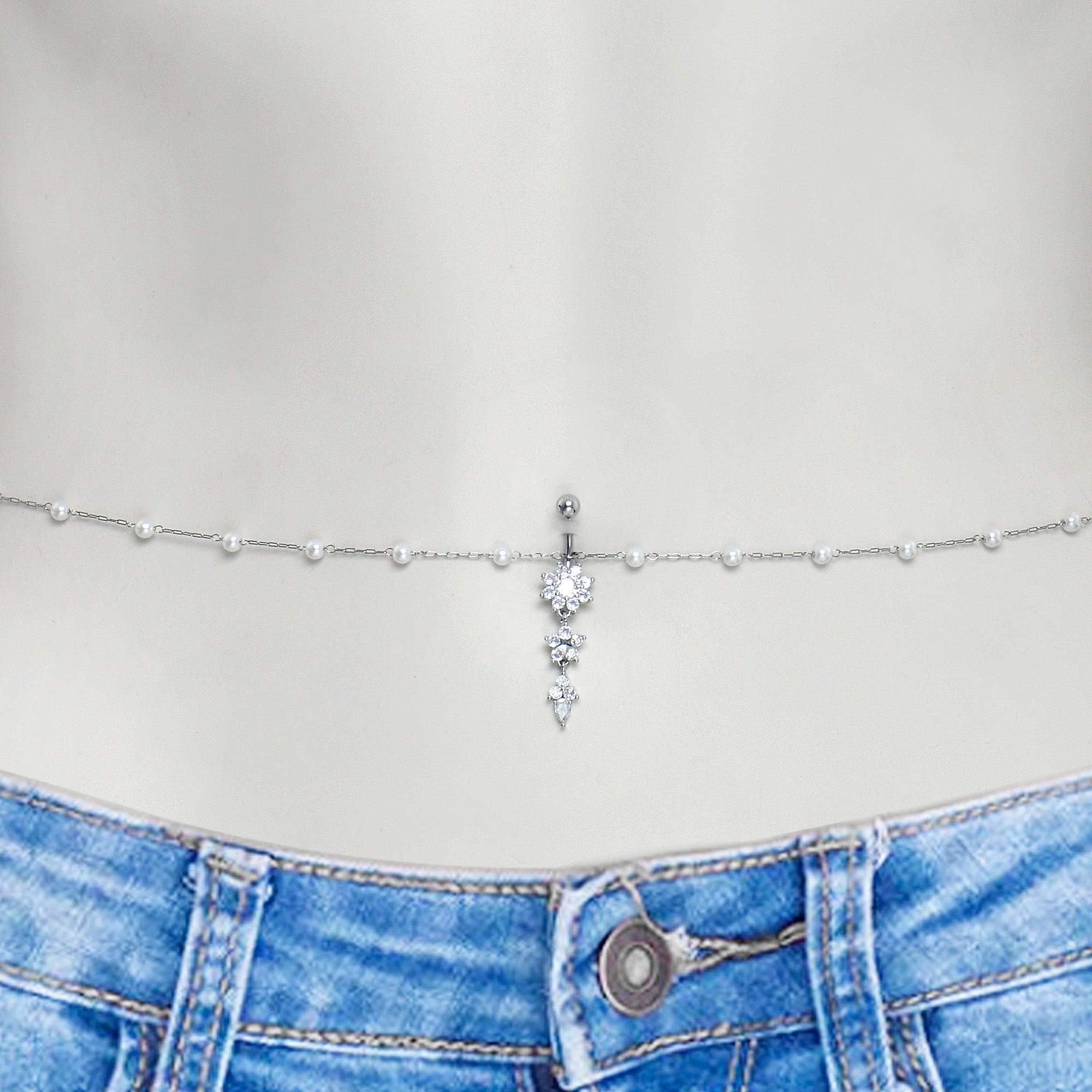 Clear CZ Gem Glamour Flower Faux Pearl Dangle Belly Ring Belly Chain