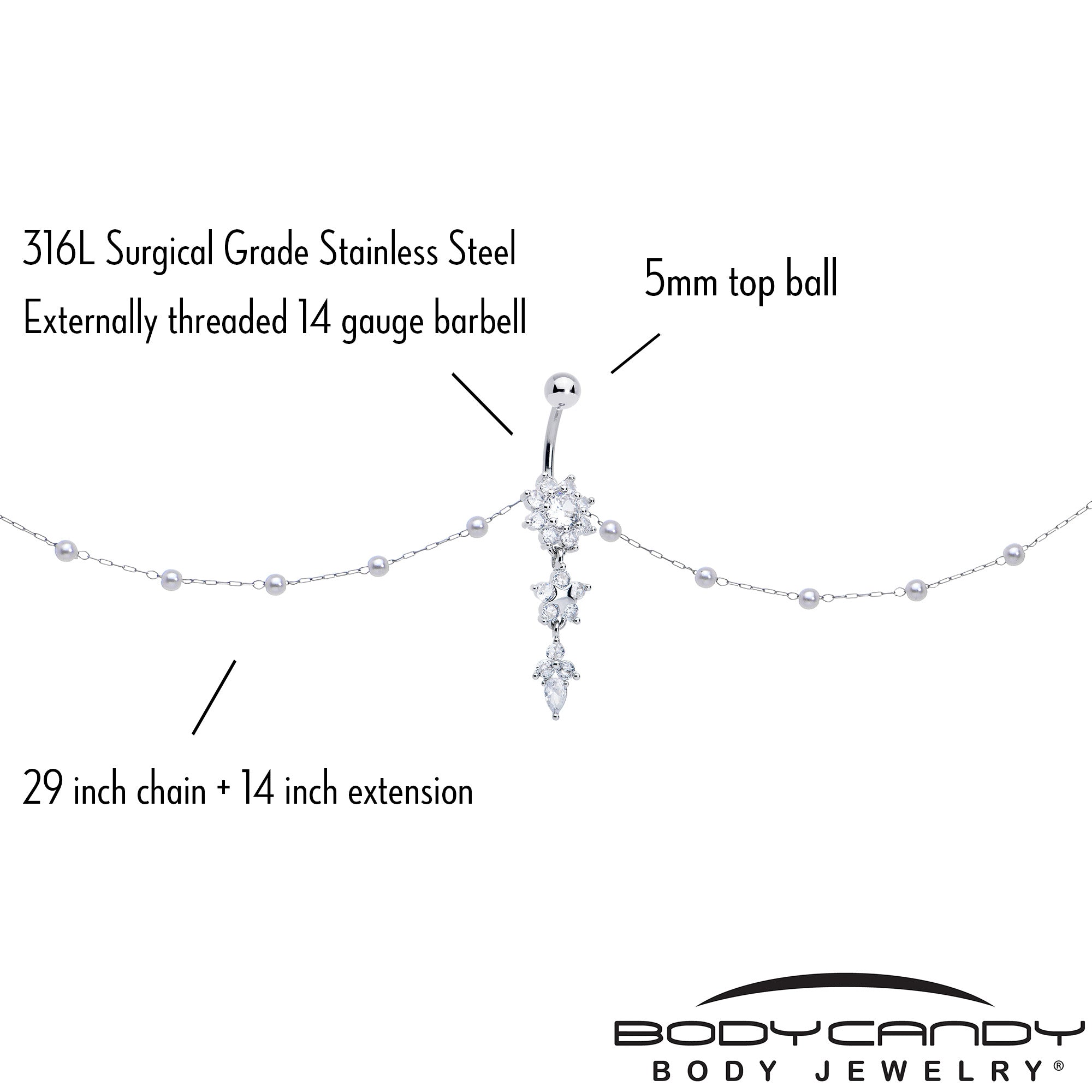 Clear CZ Gem Glamour Flower Faux Pearl Dangle Belly Ring Belly Chain