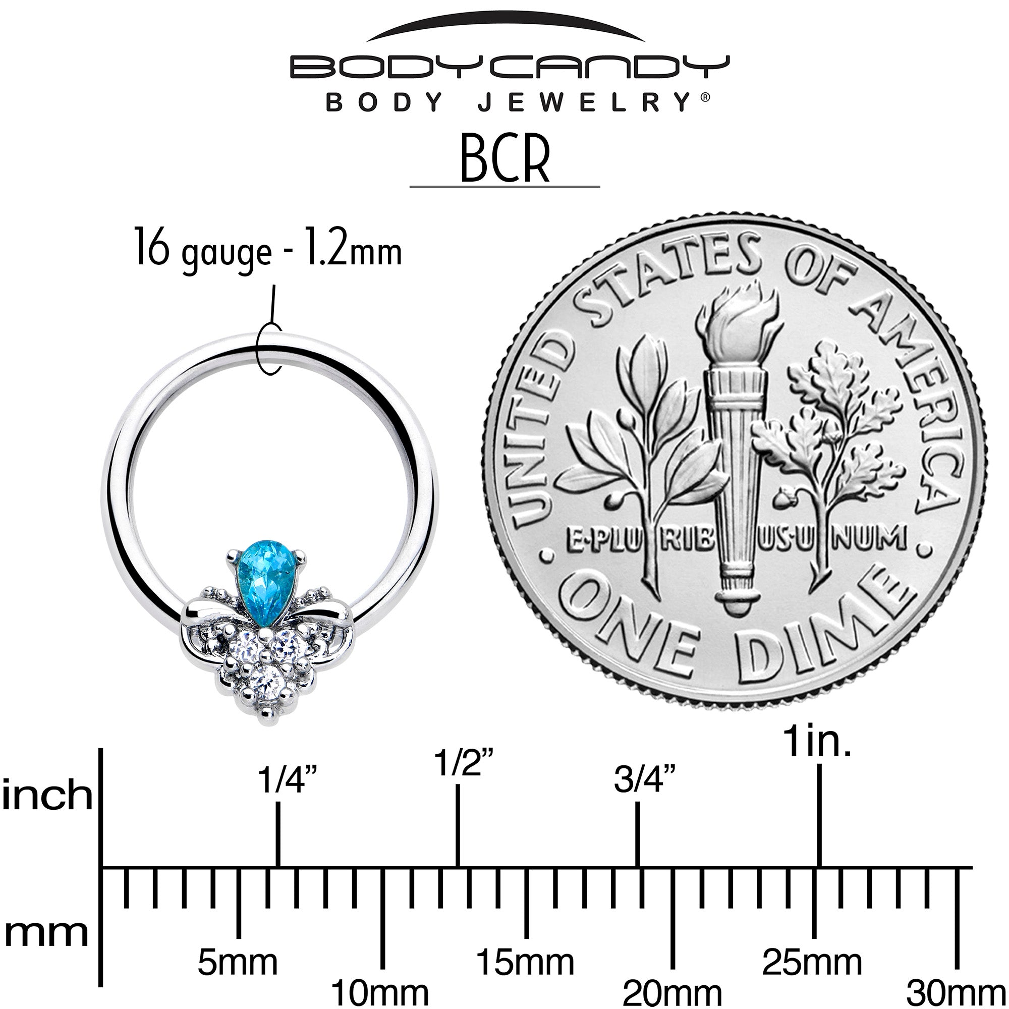 Hypoallergenic 16 Gauge 3/8 Captive Ring with Blue Gem