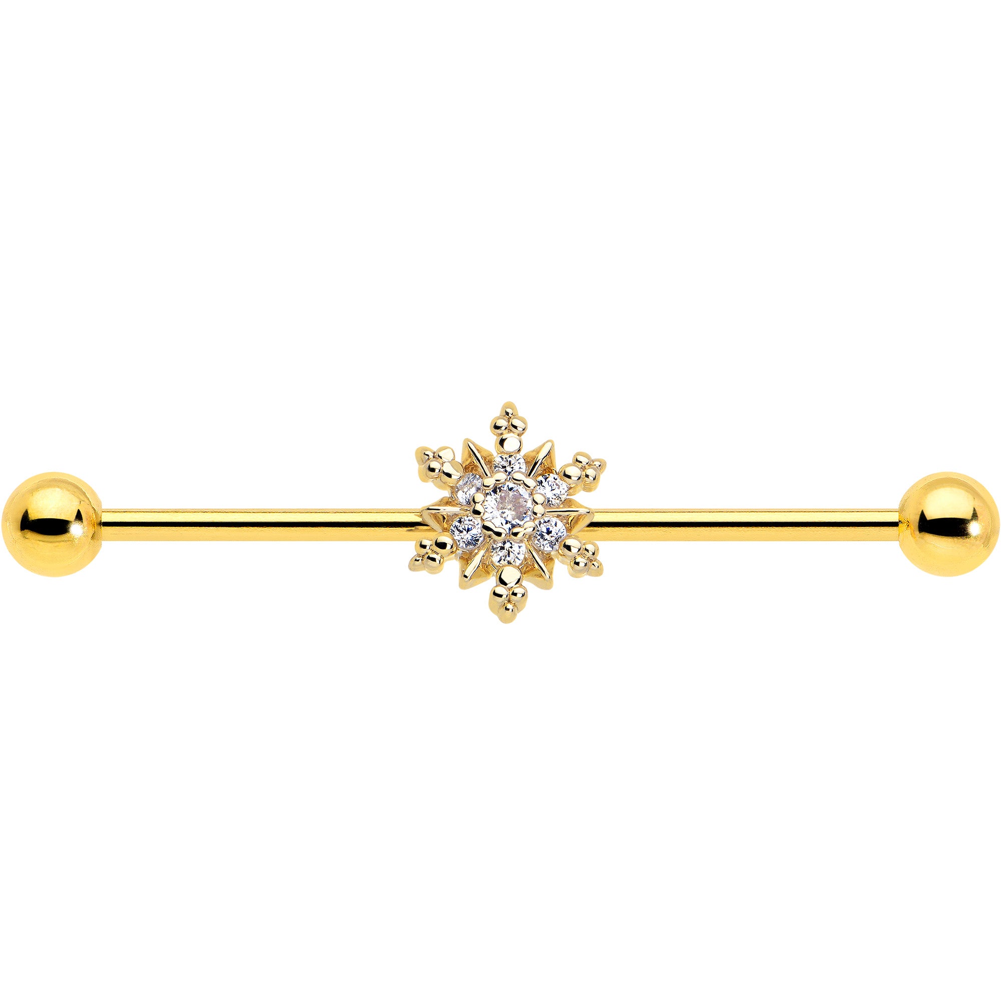 38mm gold tone snowflake industrial barbell with clear CZ gem