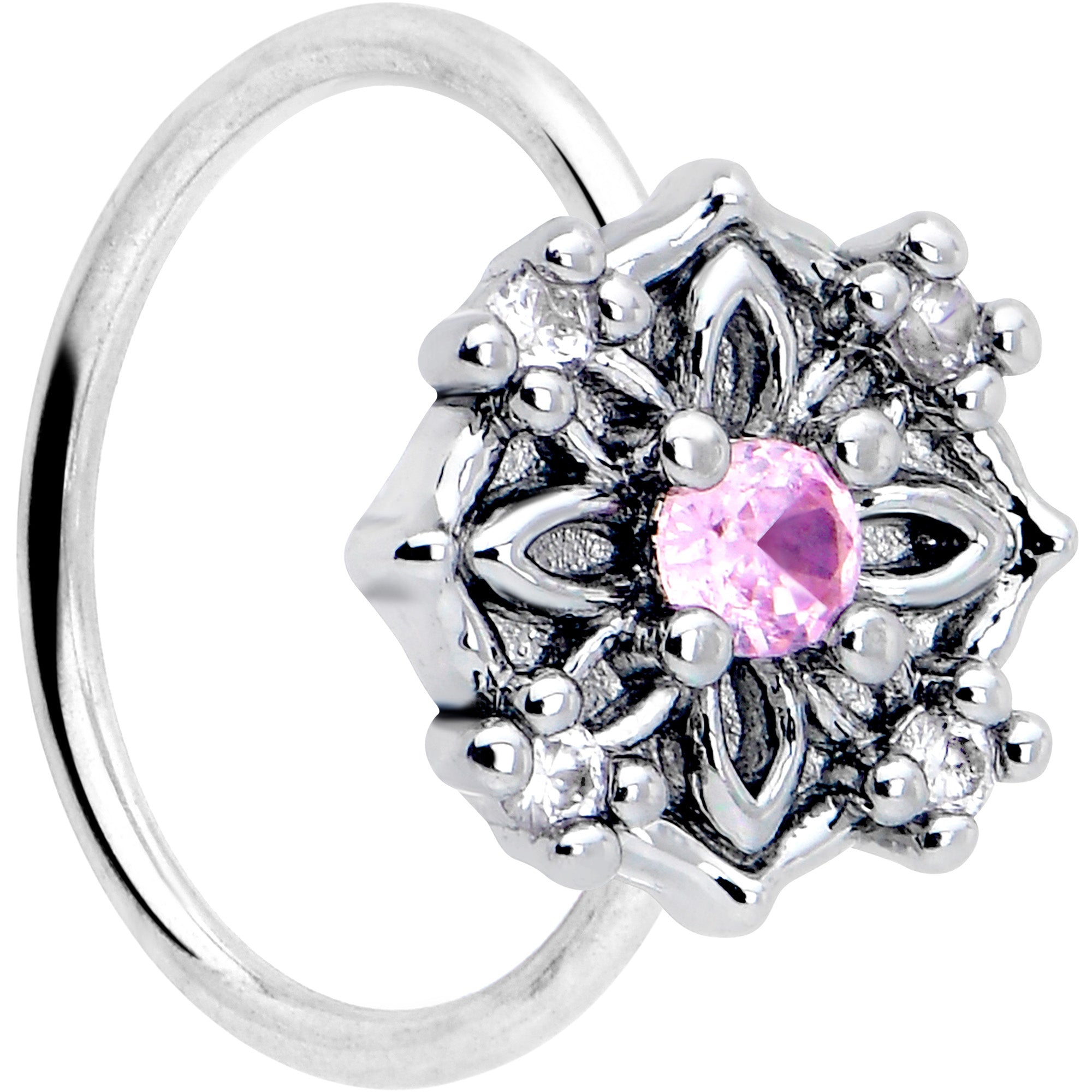 20 gauge nose hoop with pink CZ gem flower design