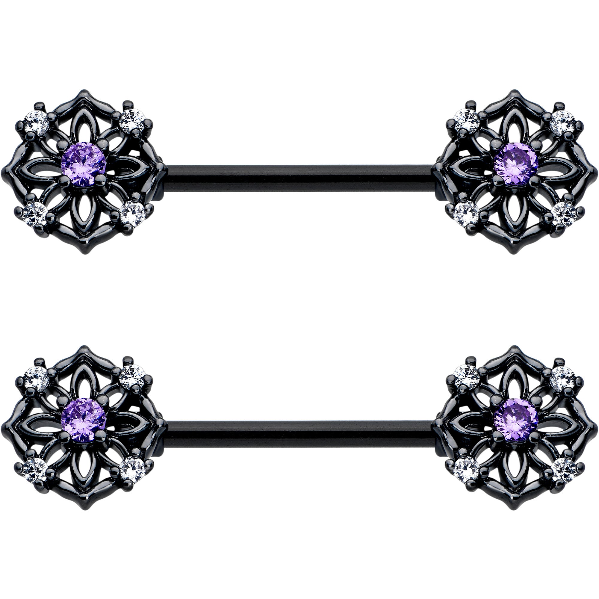 black flower barbell nipple ring with purple CZ gem