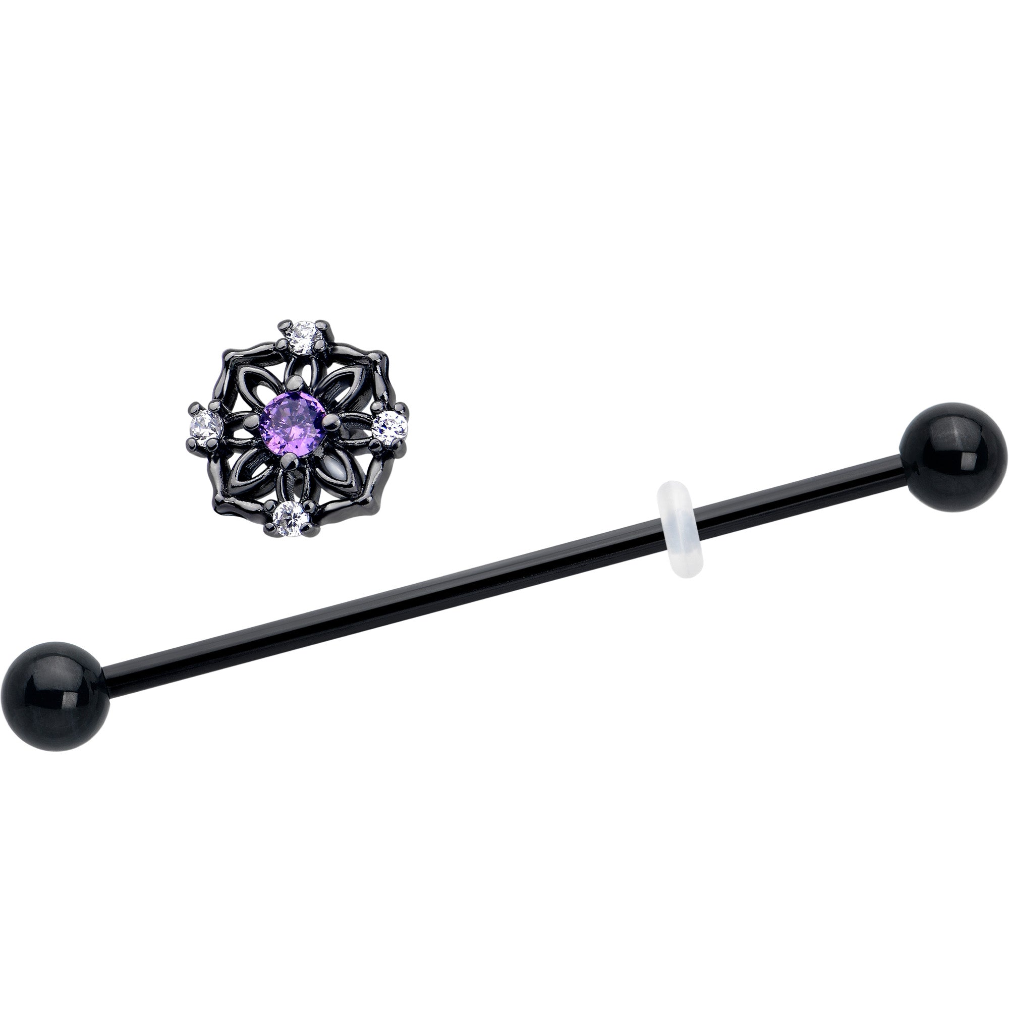 14 gauge purple cz gem black flower ring industrial barbell