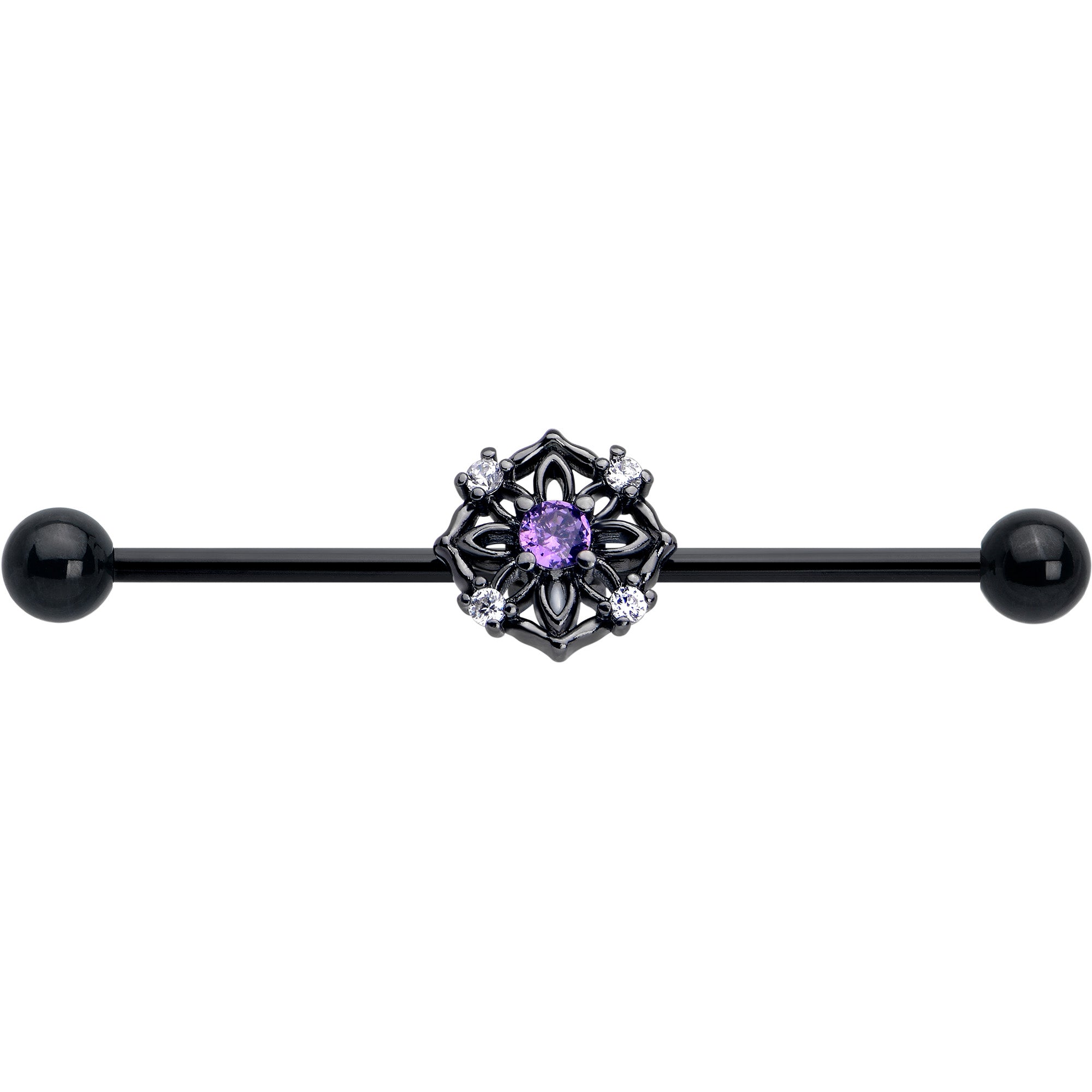 purple cz gem flower design industrial barbell