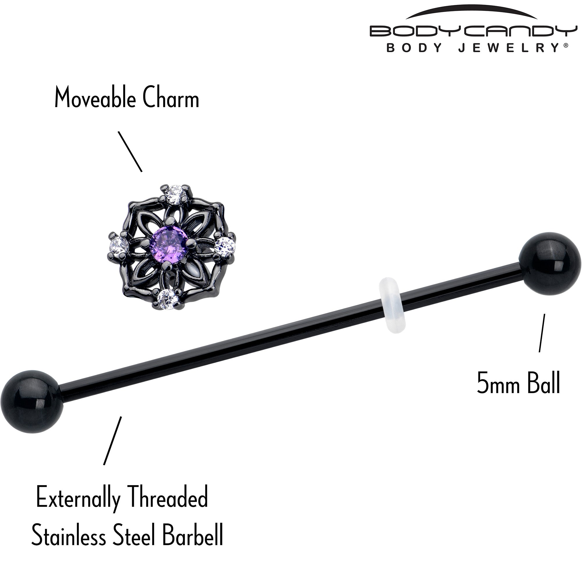 14 gauge industrial barbell with purple cz gemstone