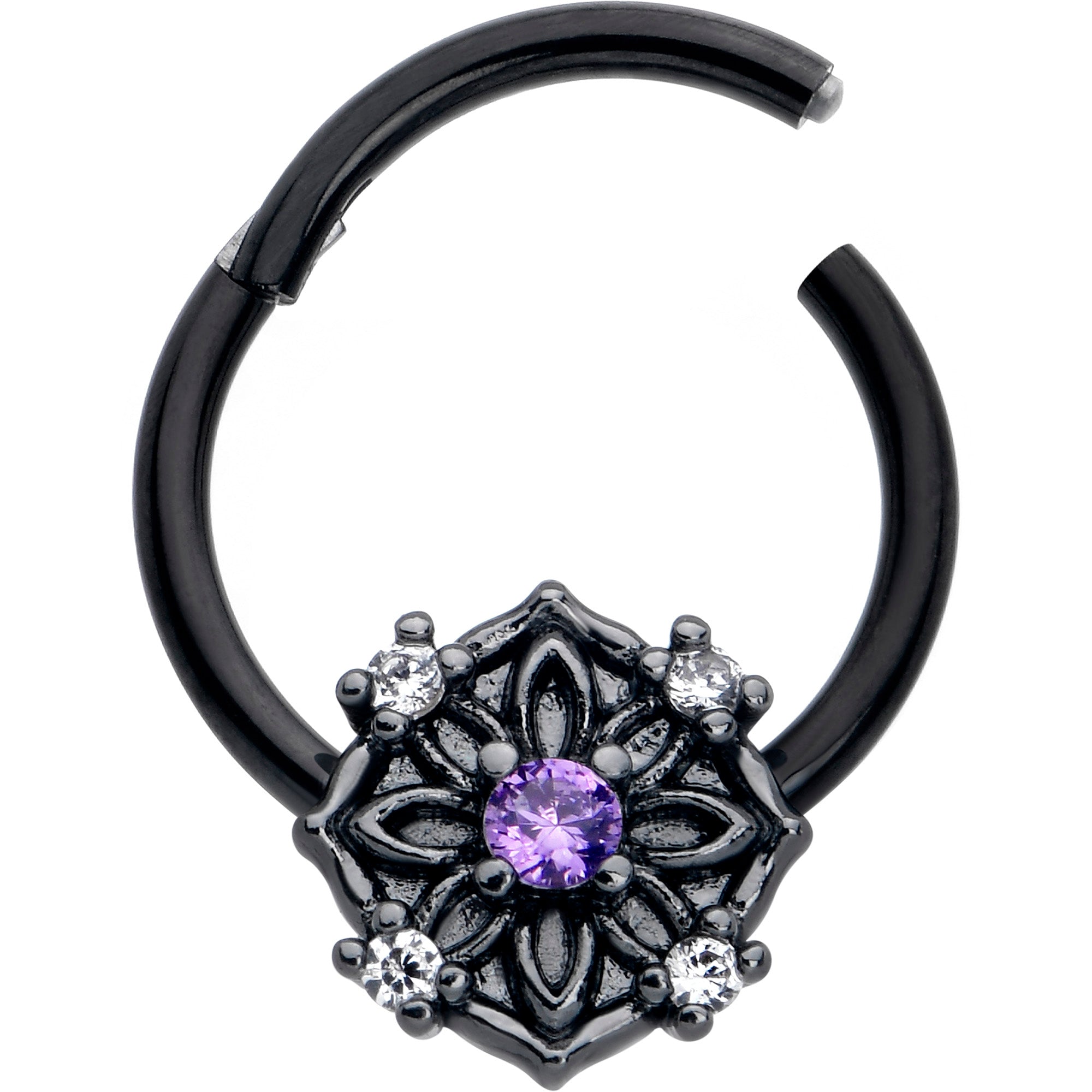 16 gauge hinged segment ring with purple CZ gem