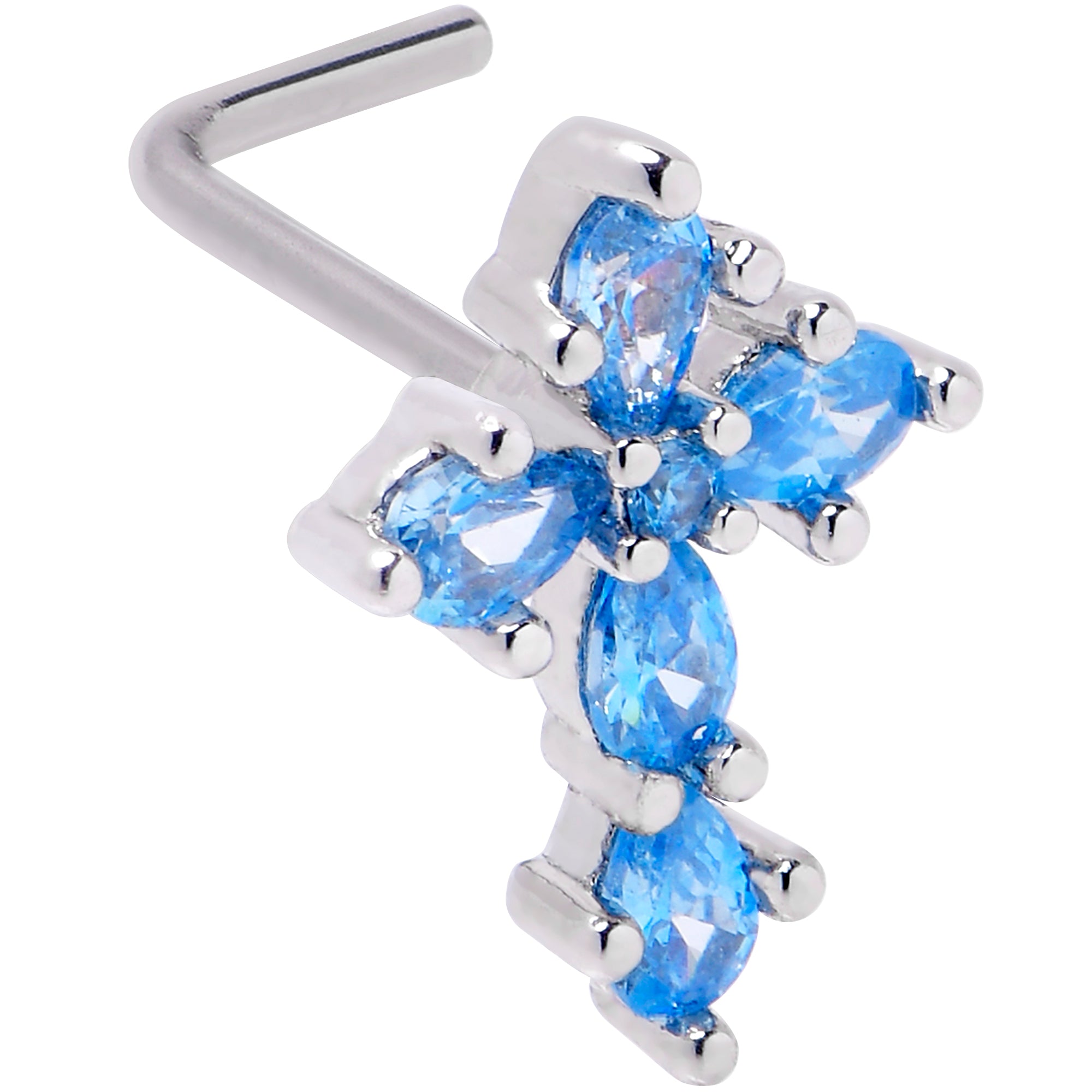 20G 7mm Blue CZ Gem Classic Cross L Shape Nose Ring