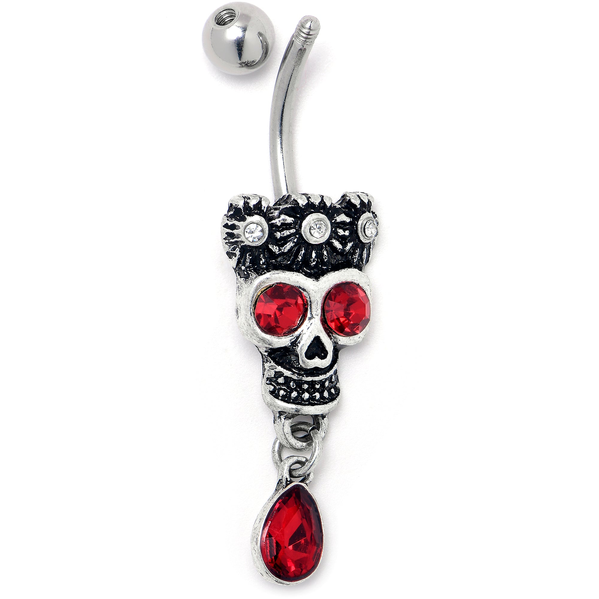 Red Clear CZ Gem Crowned Skull Dangle Belly Ring
