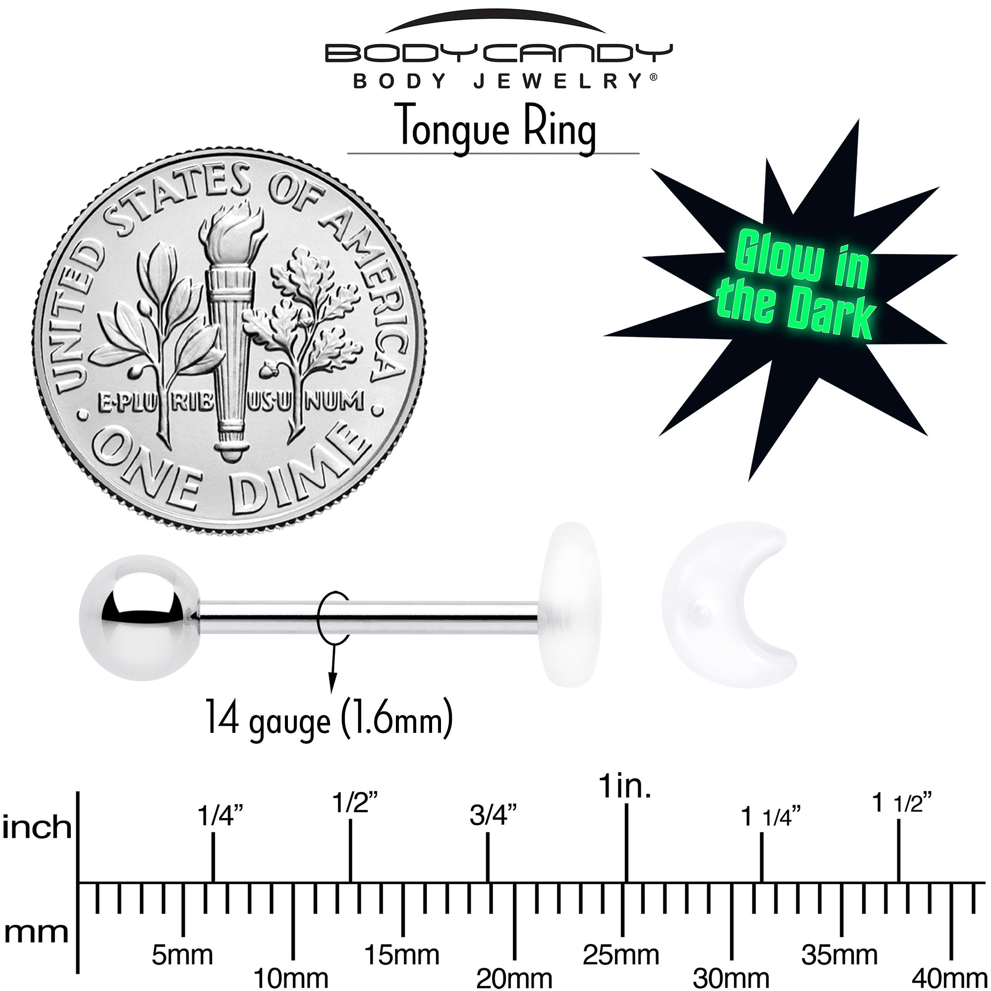 Uv glow crescent moon barbell tongue ring