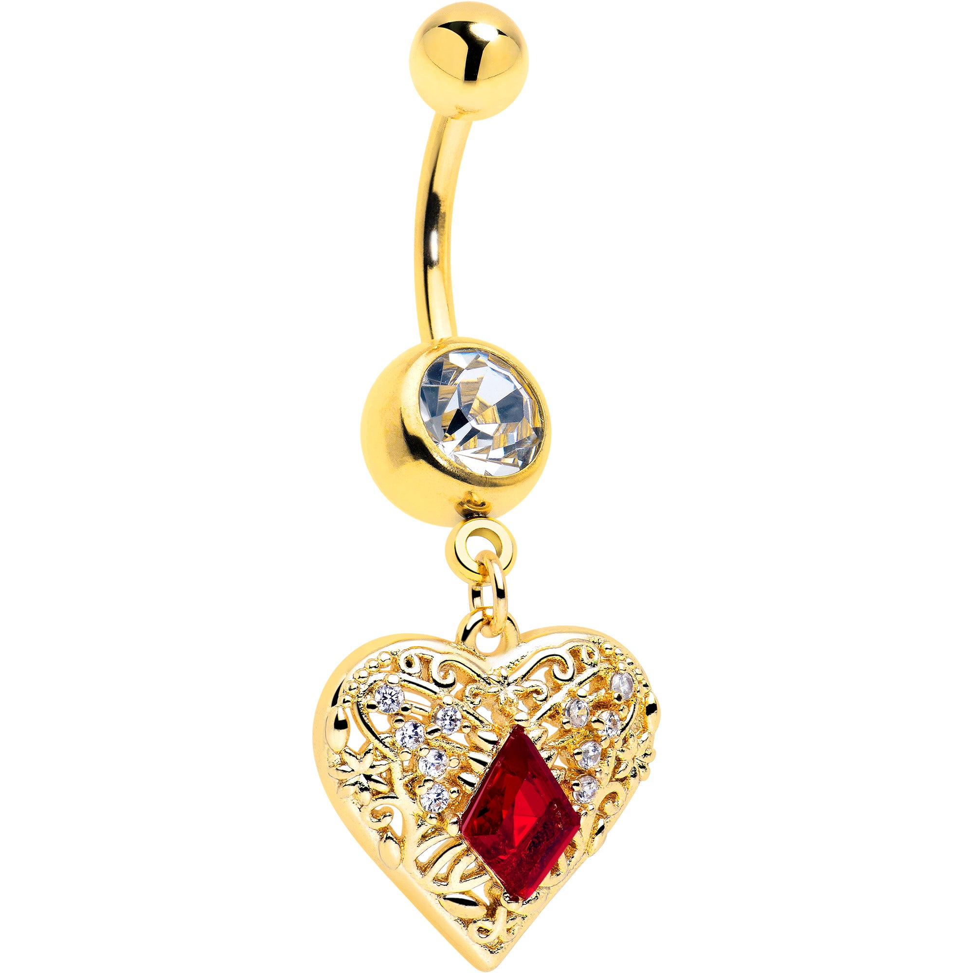 Red CZ Gem Gold Tone Heart Dangle Belly Ring