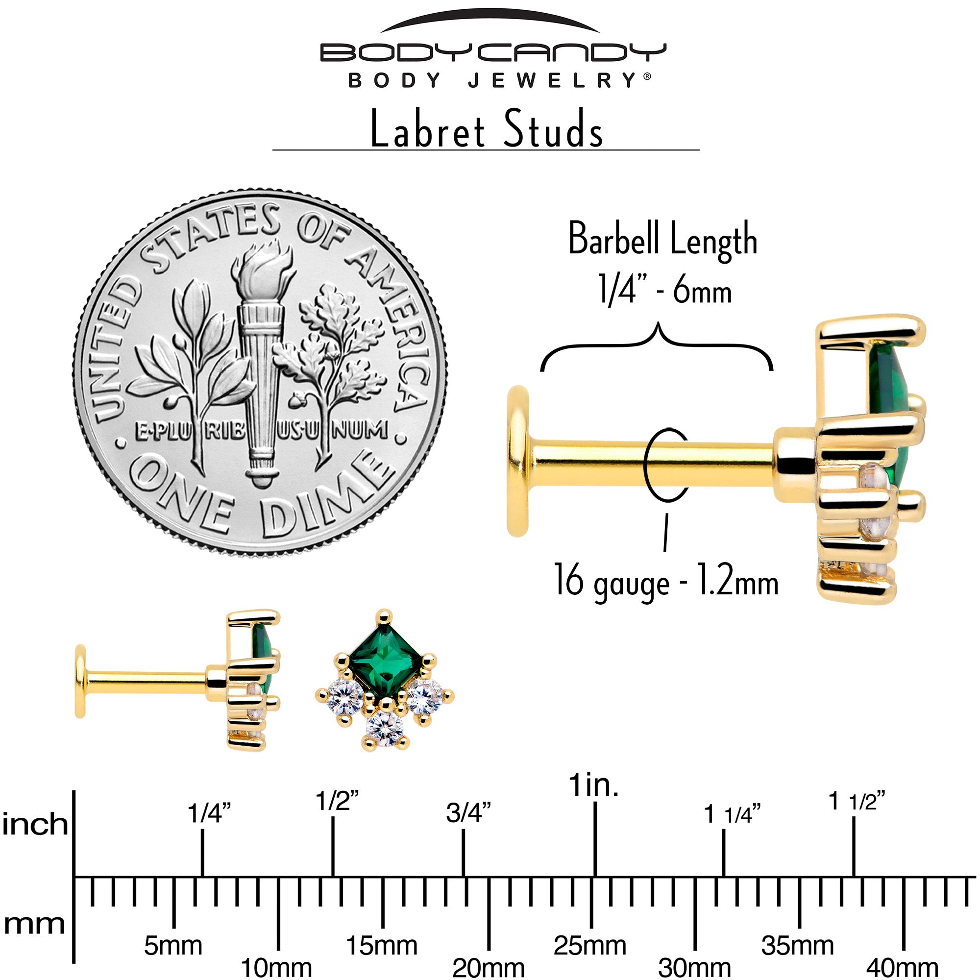 16 Gauge Gold Tone Green CZ Flatback Stud