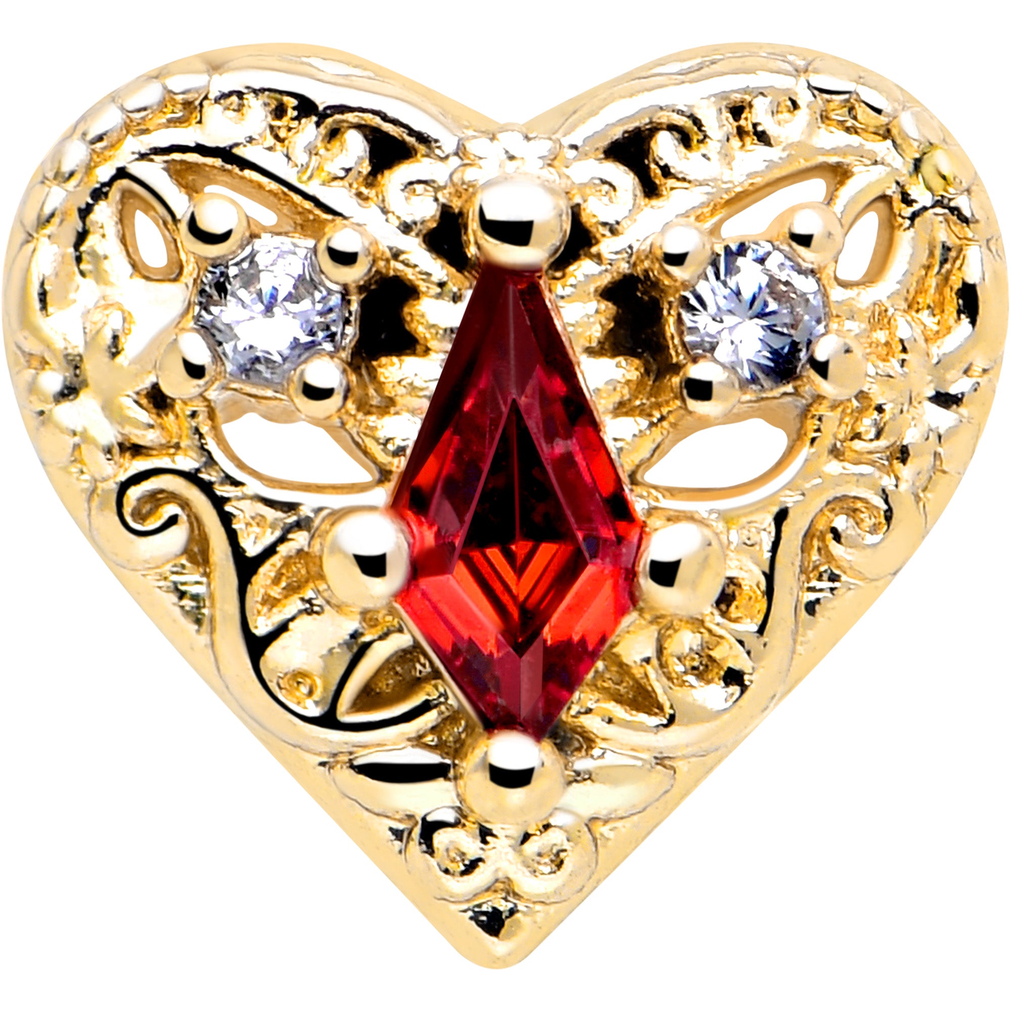 Red CZ Heart Queen Flatback Stud 16 Gauge Gold Tone