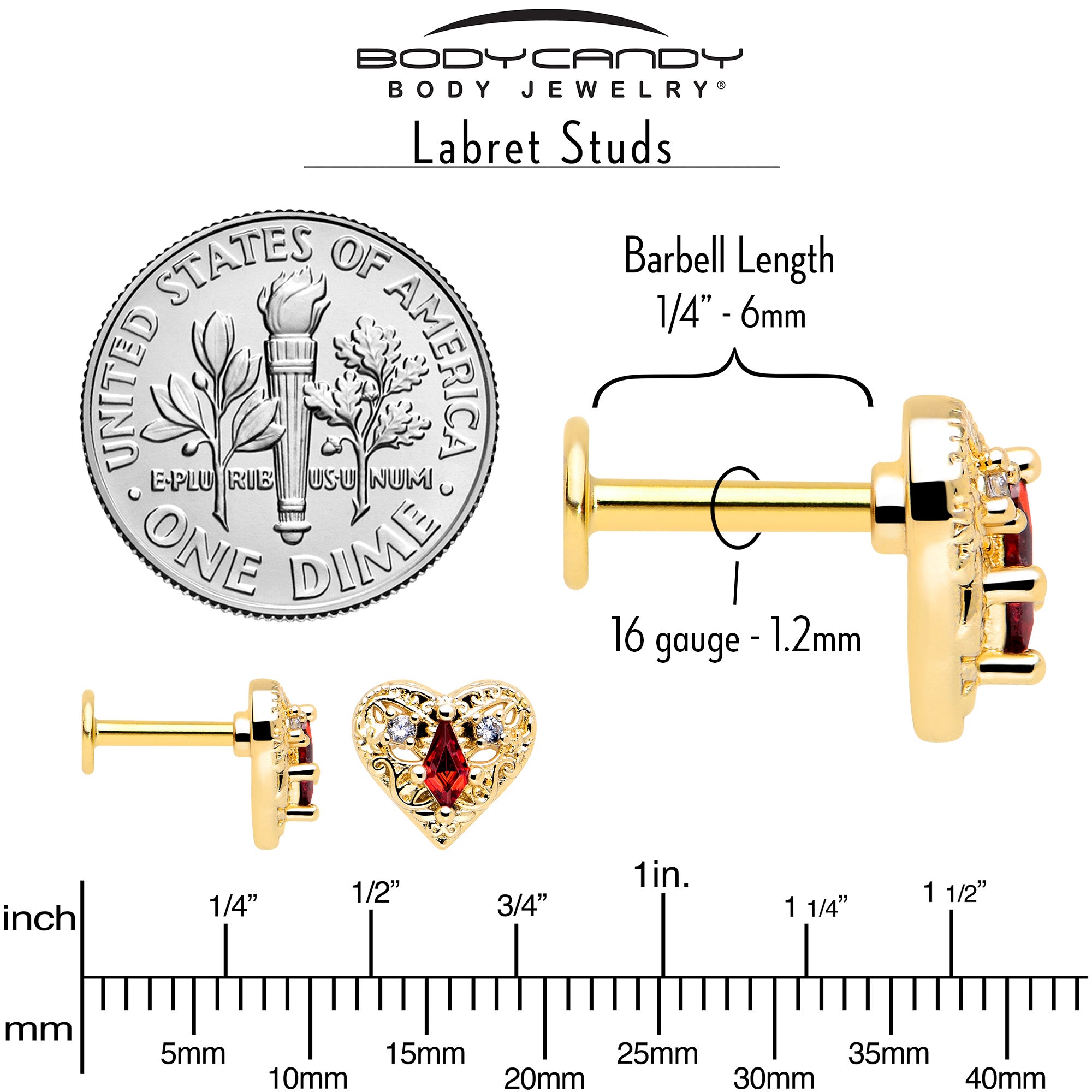 Red CZ Gem Gold Tone Heart Queen 16 Gauge Stud