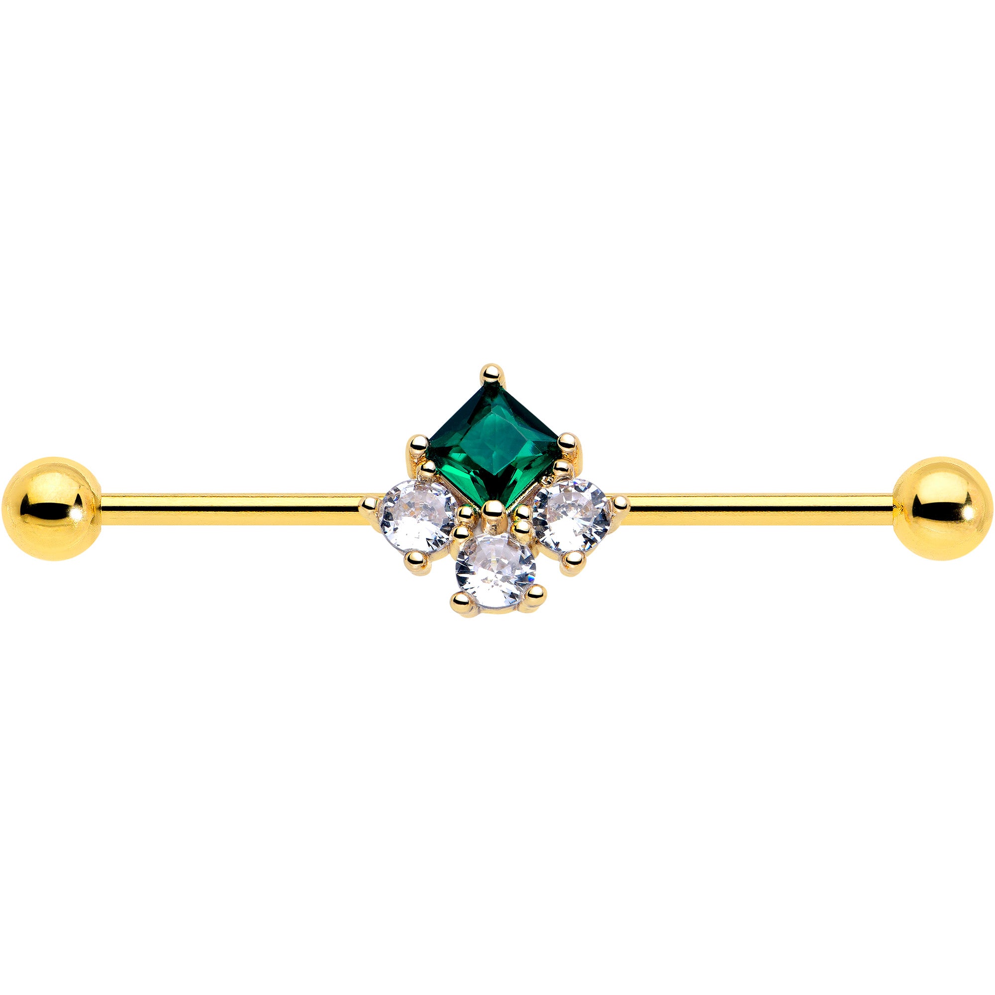 14 Gauge Gold Tone Industrial Barbell with Green CZ Gem