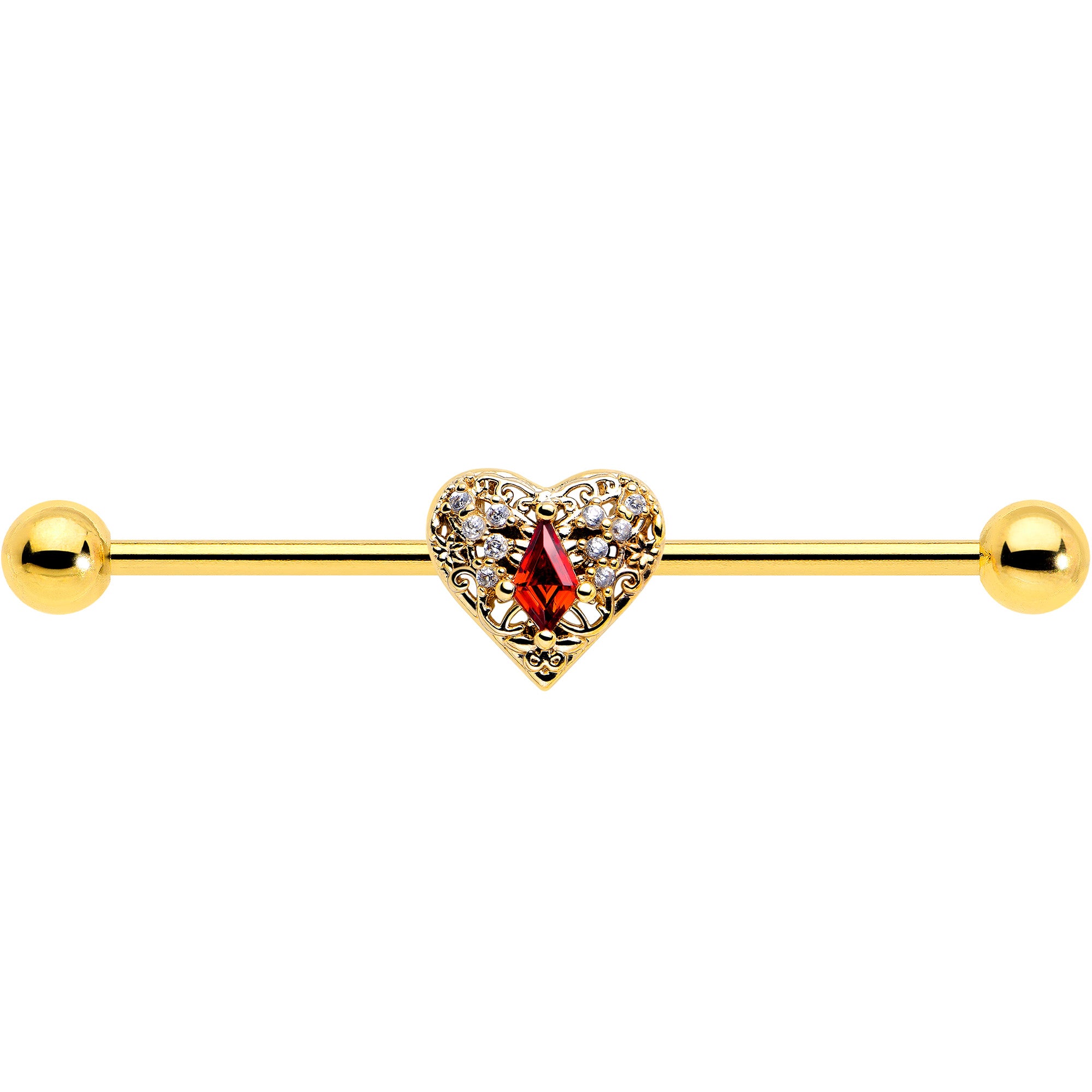 14 Gauge Industrial Barbell with Red CZ Gem and Heart Design