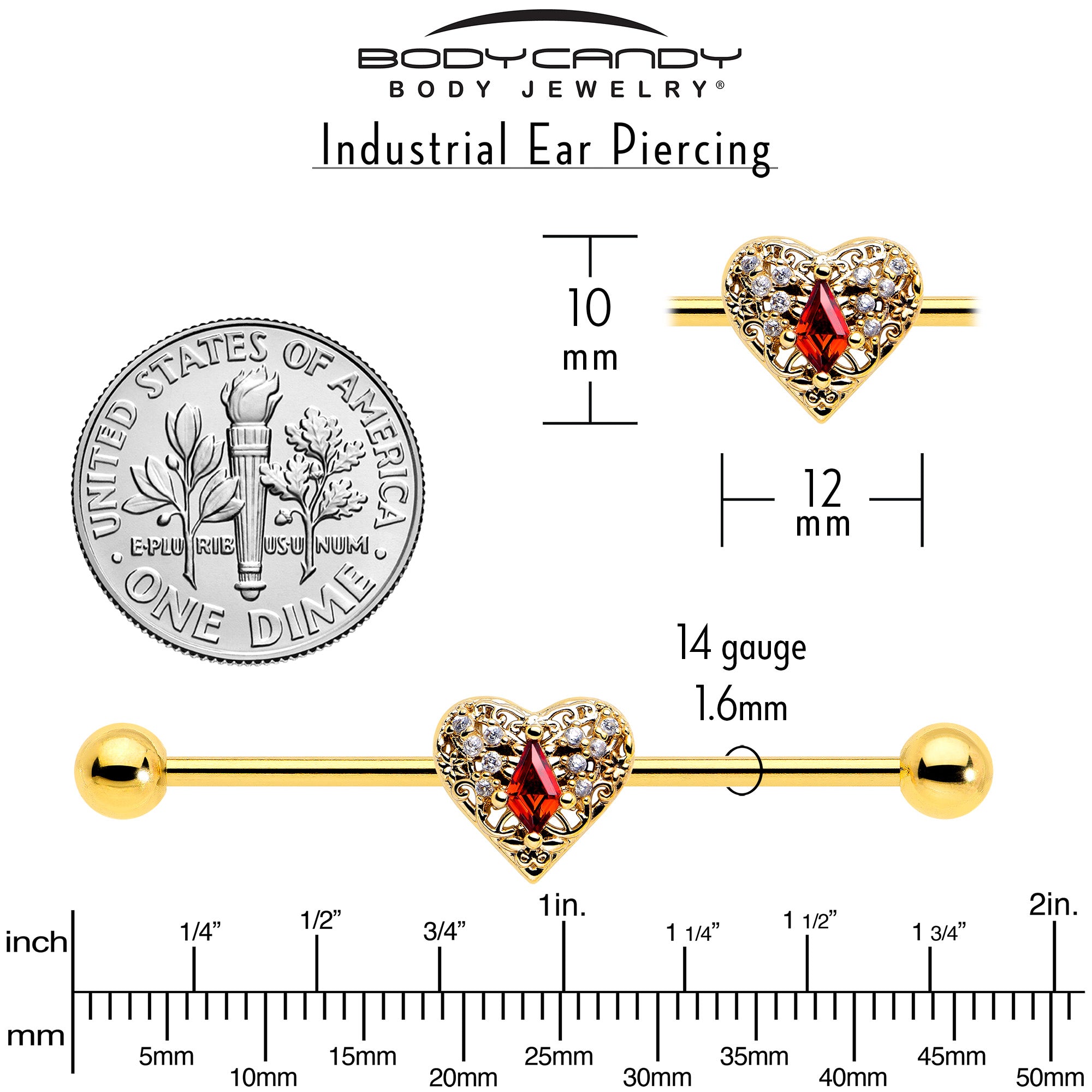 14 Gauge Red CZ Gem Heart Queen Gold Tone Industrial Barbell