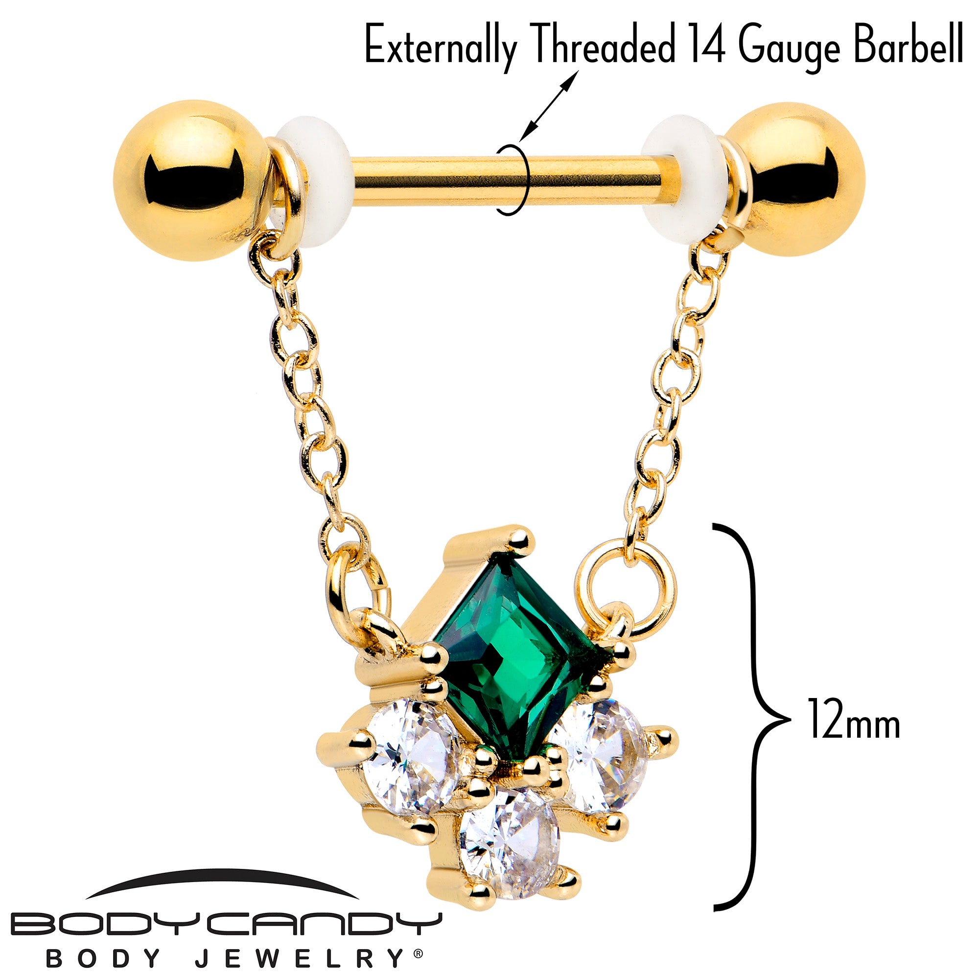 Rhombus Riot Dangle Nipple Rings with Green CZ Gem 14 Gauge