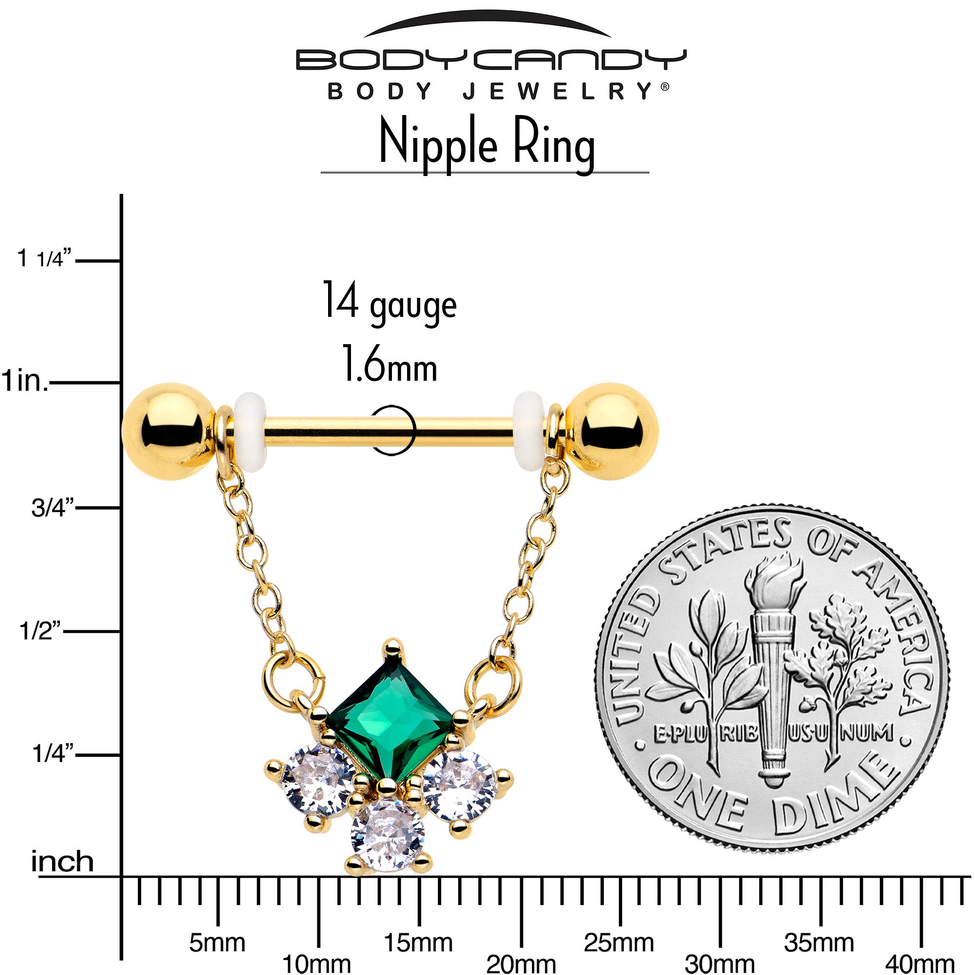 Green CZ Gem Rhombus Riot Nipple Rings 9/16 Gold Tone Dangle