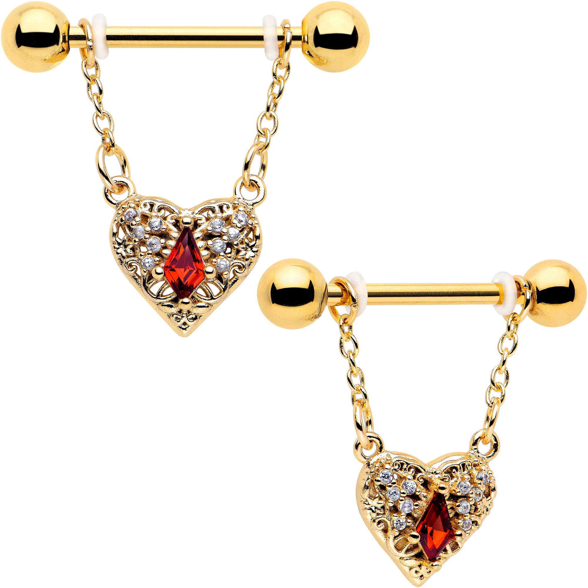 14 Gauge Red CZ Gem Gold Tone Heart Queen Dangle Nipple Rings