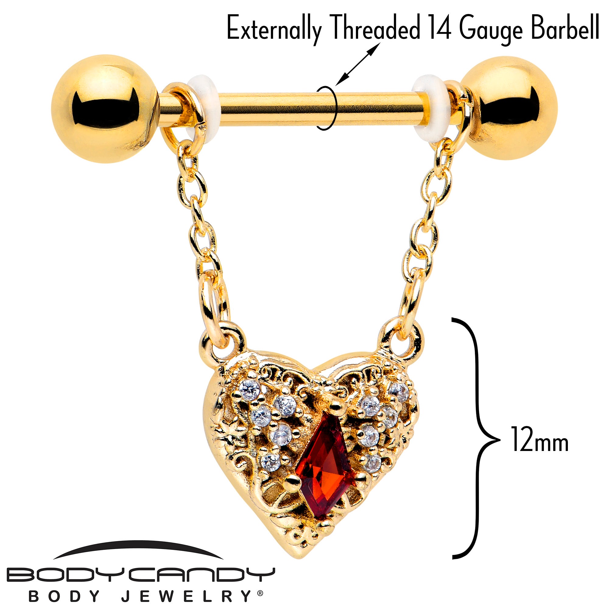 Red CZ Gem Gold Tone Heart Queen Nipple Rings 14 Gauge