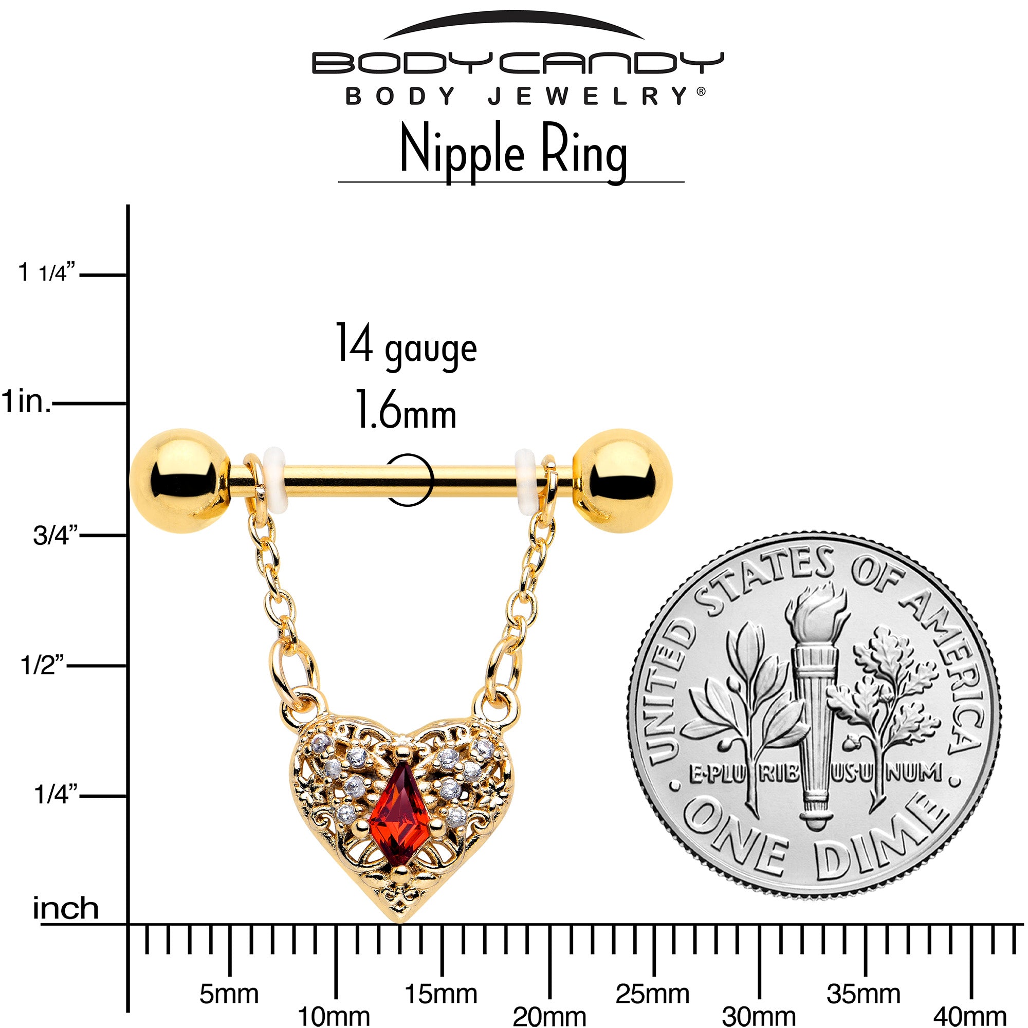 14 Gauge Gold Tone Heart Queen Nipple Rings with Red CZ Gemstone