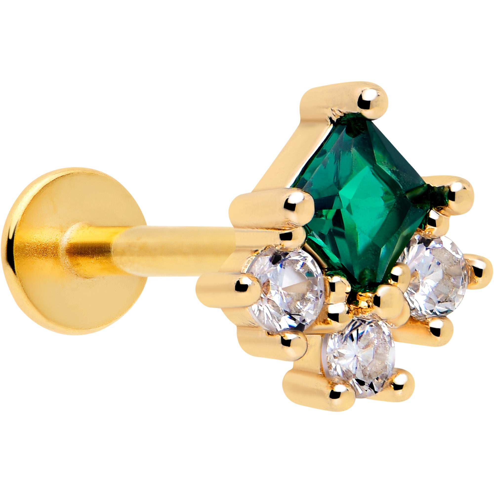 16 Gauge Green CZ Gem Gold Tone Rhombus Flatback Stud