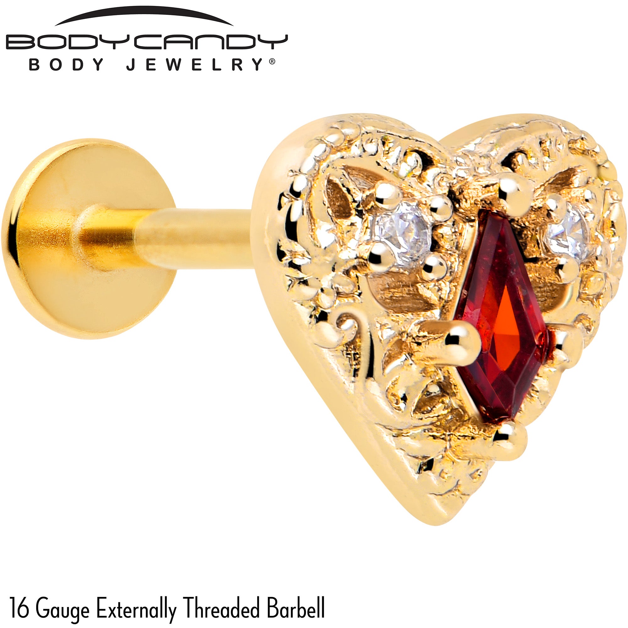 16G Red CZ Gem Gold Heart Queen Flatback Stud