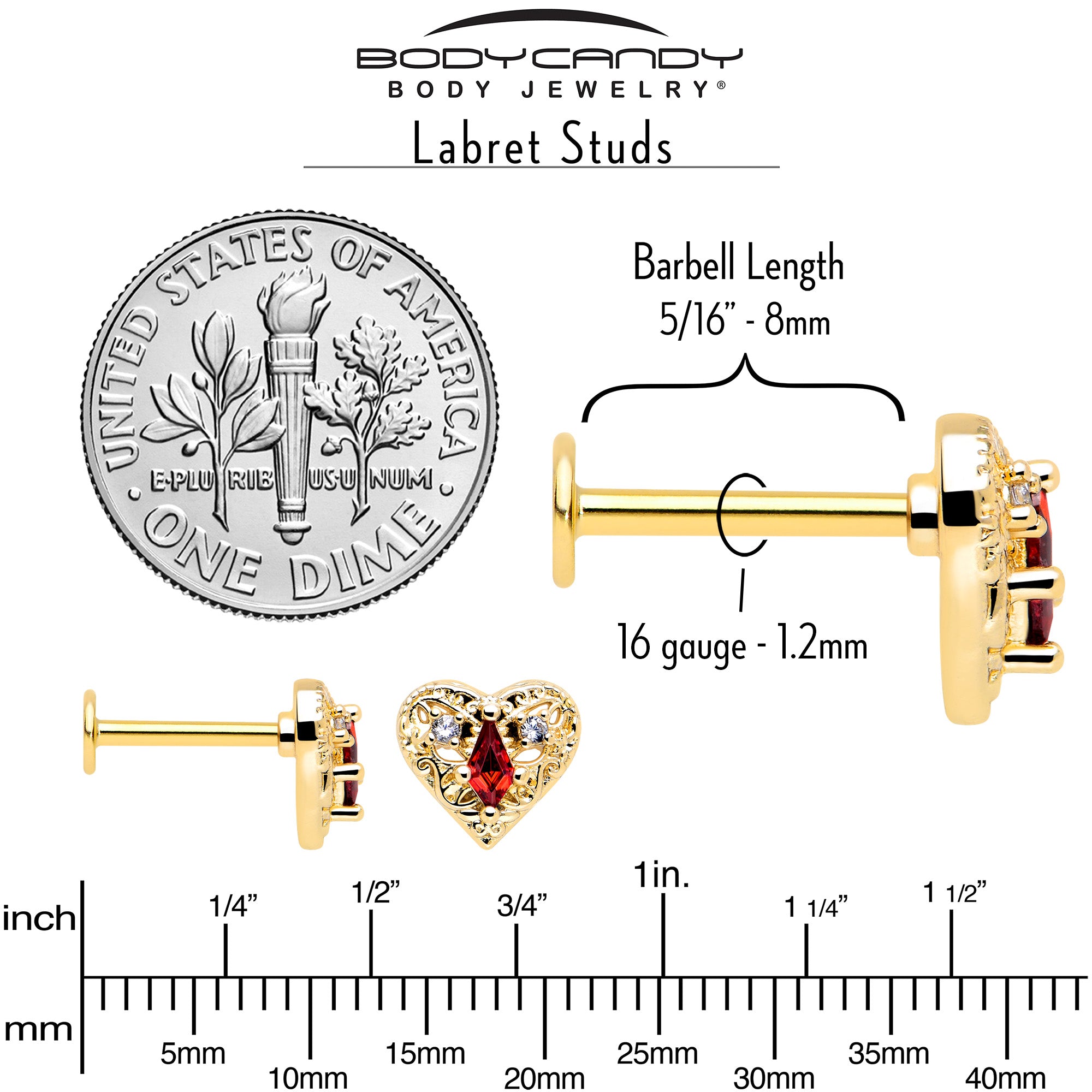 Red CZ Gem 16G Gold Tone Heart Flatback Stud