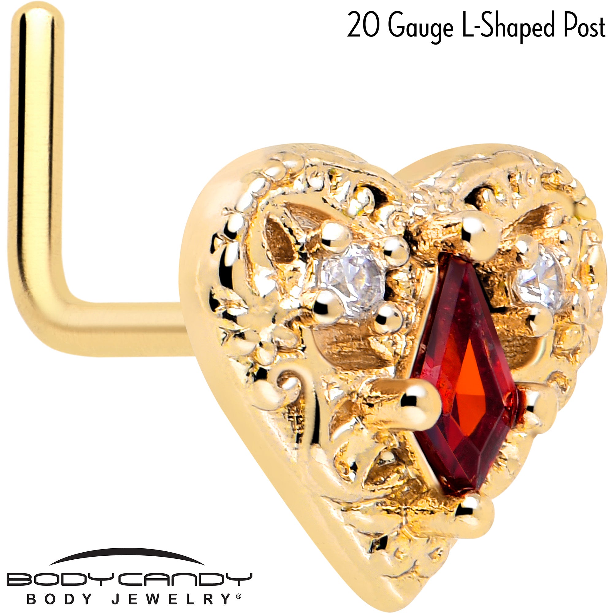 7mm Red CZ Heart Queen L Shape Nose Ring Gold Tone 20 Gauge