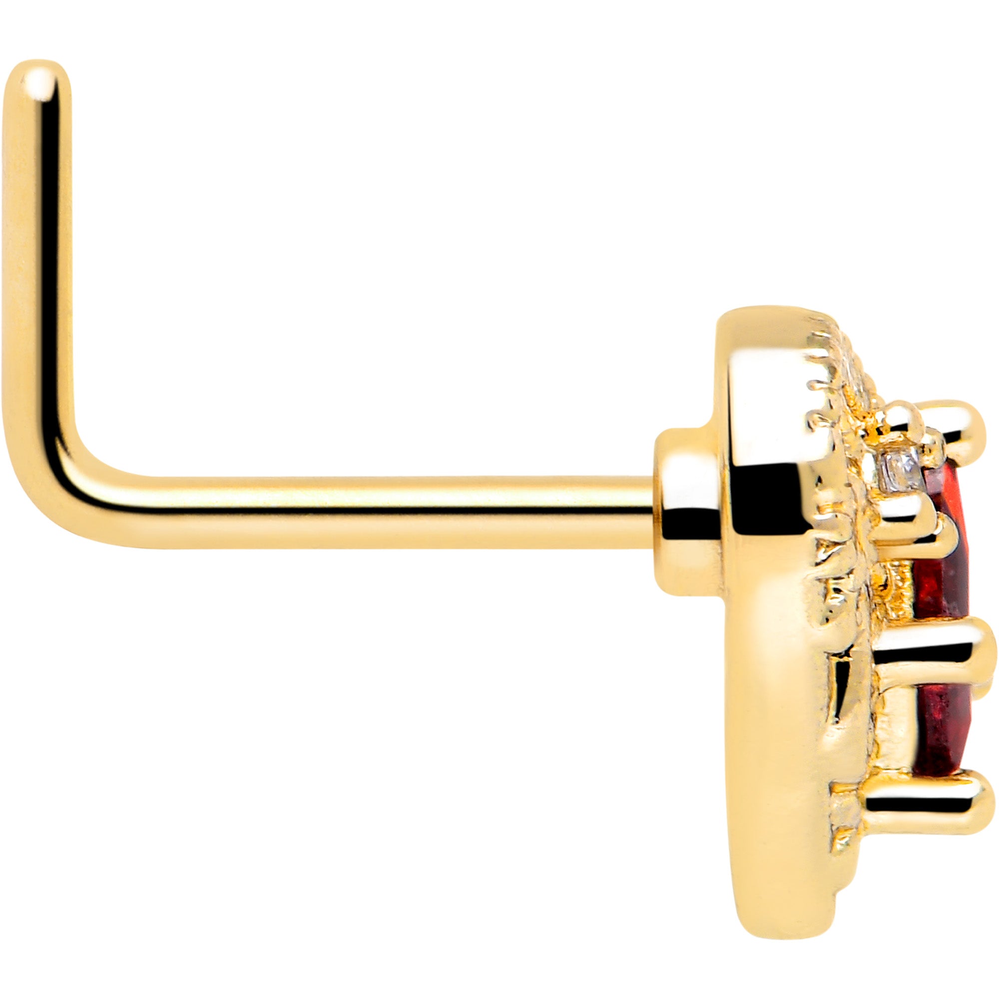 Red CZ Gem 7mm Gold Tone Heart Queen L Shape Nose Ring 20 Gauge