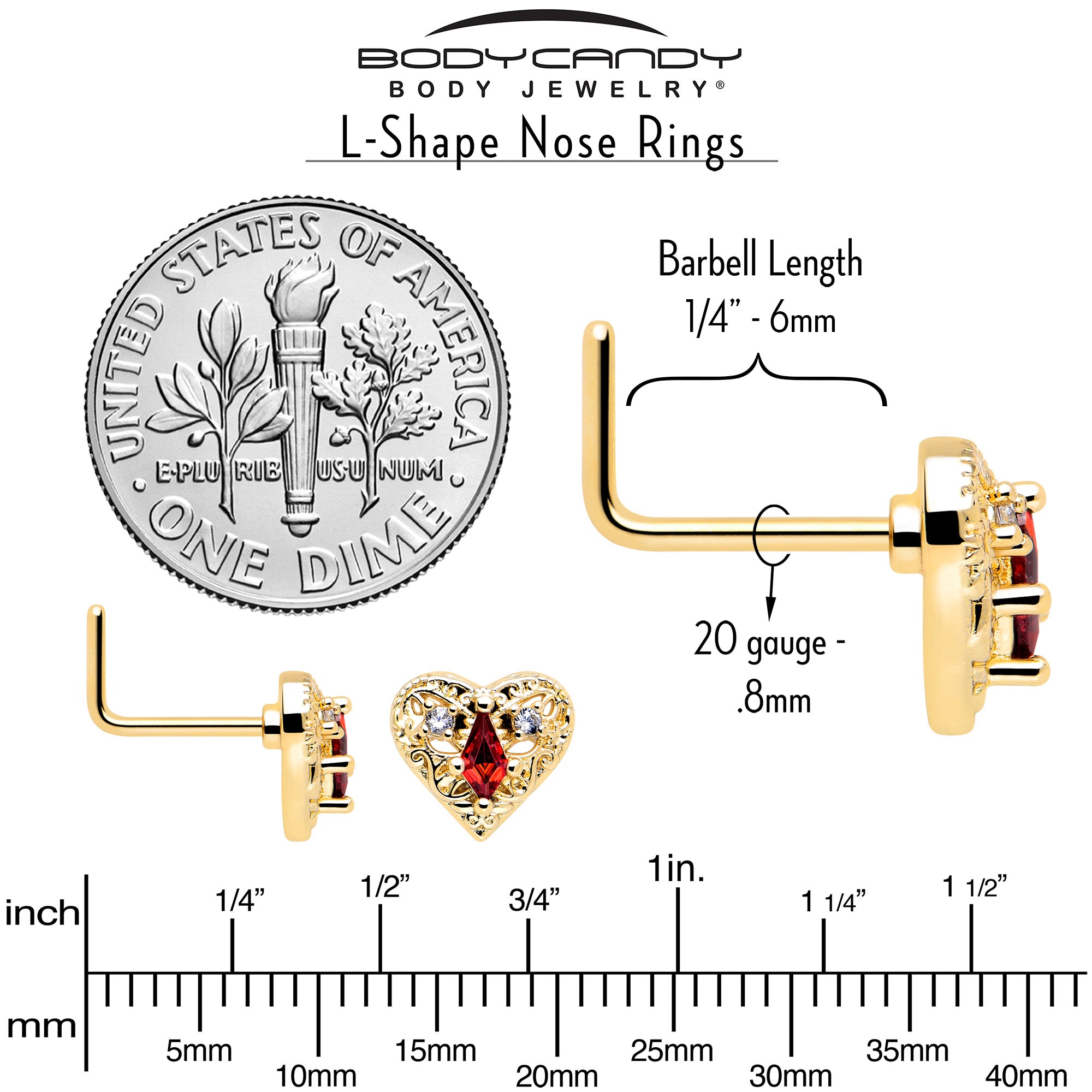 20 Gauge Gold Tone L Shape Nose Ring with Red CZ Gem Heart