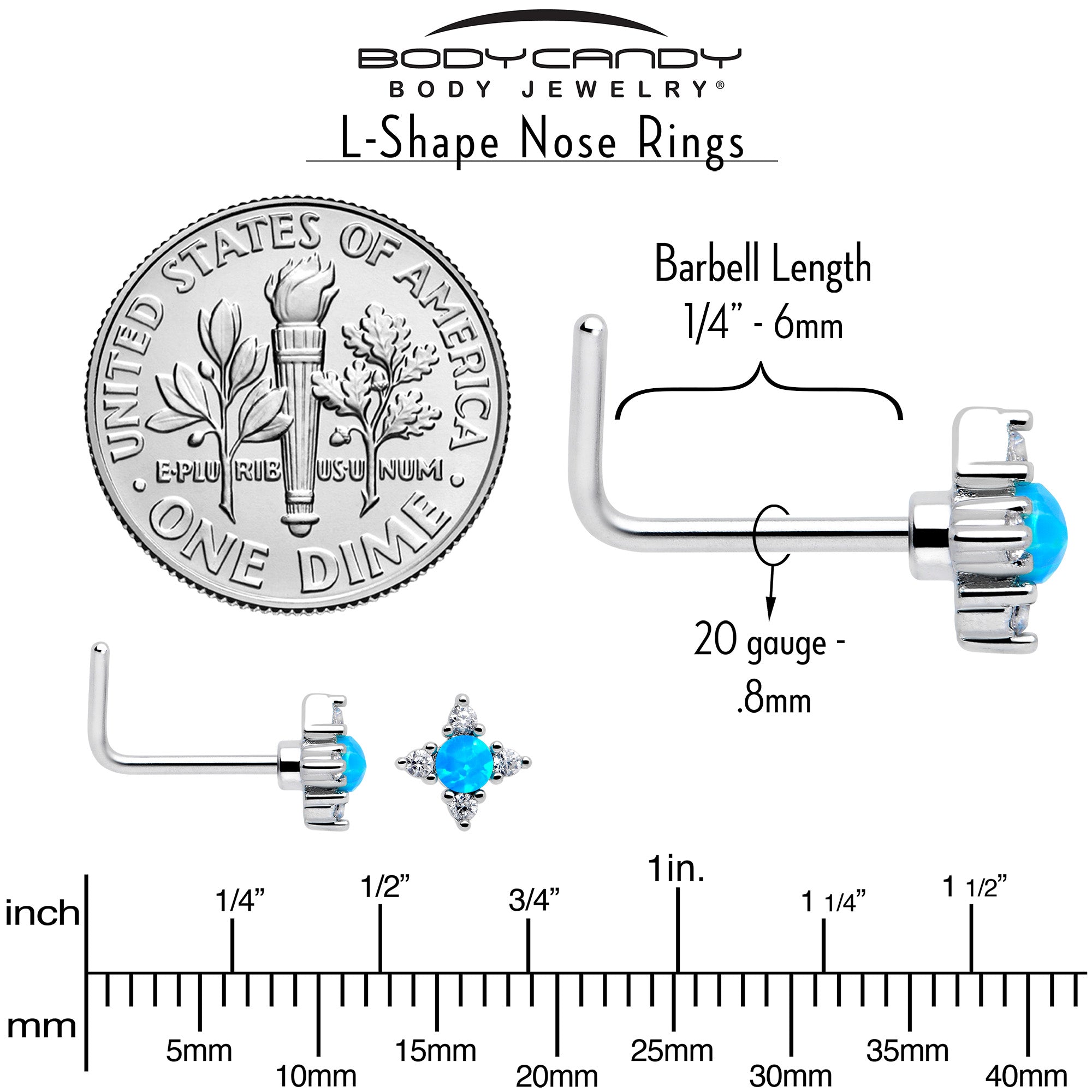 20 Gauge 7mm Blue Opal Rhombus Star L Shape Nose Ring