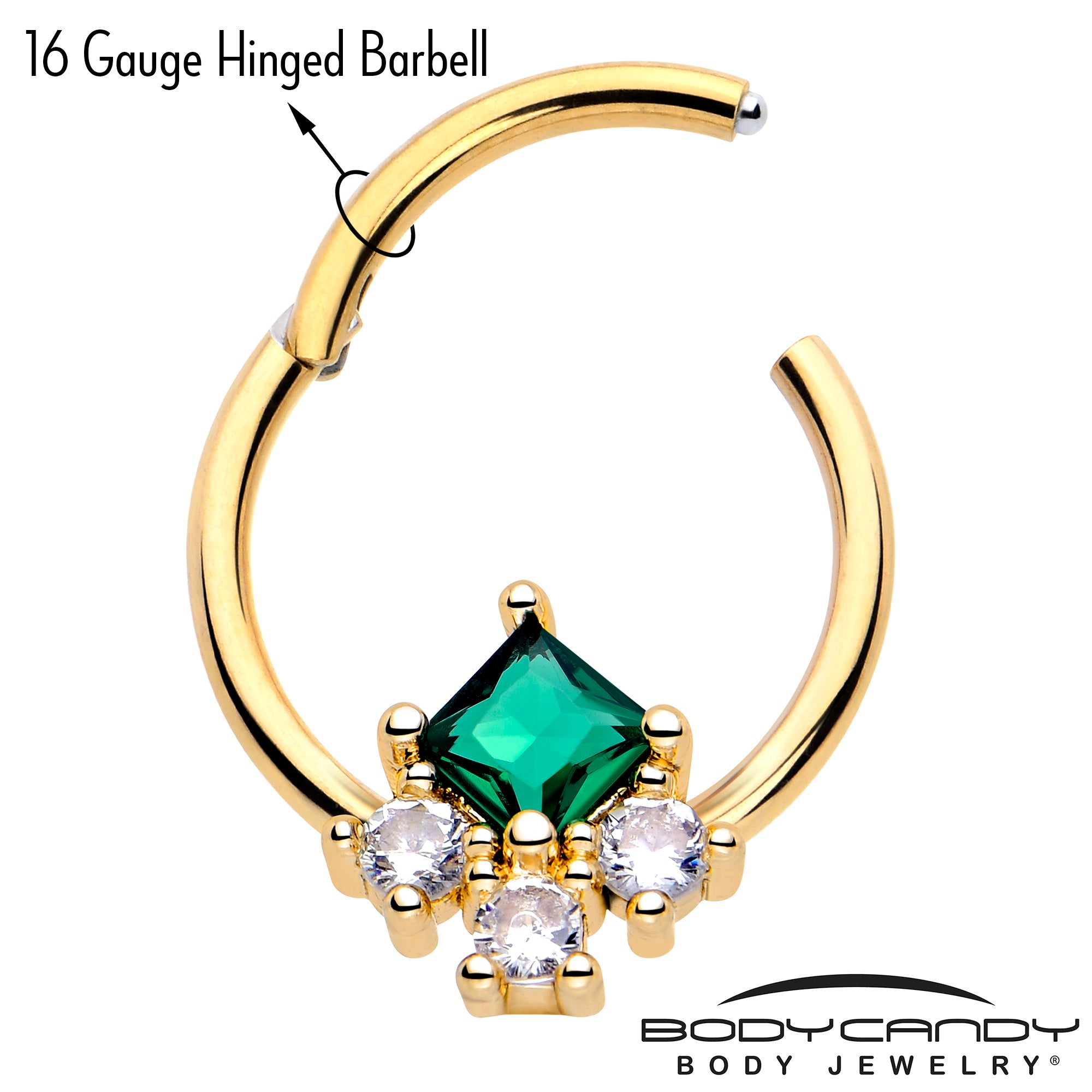 Green CZ Gem 16 Gauge Gold Tone Hinged Segment Ring