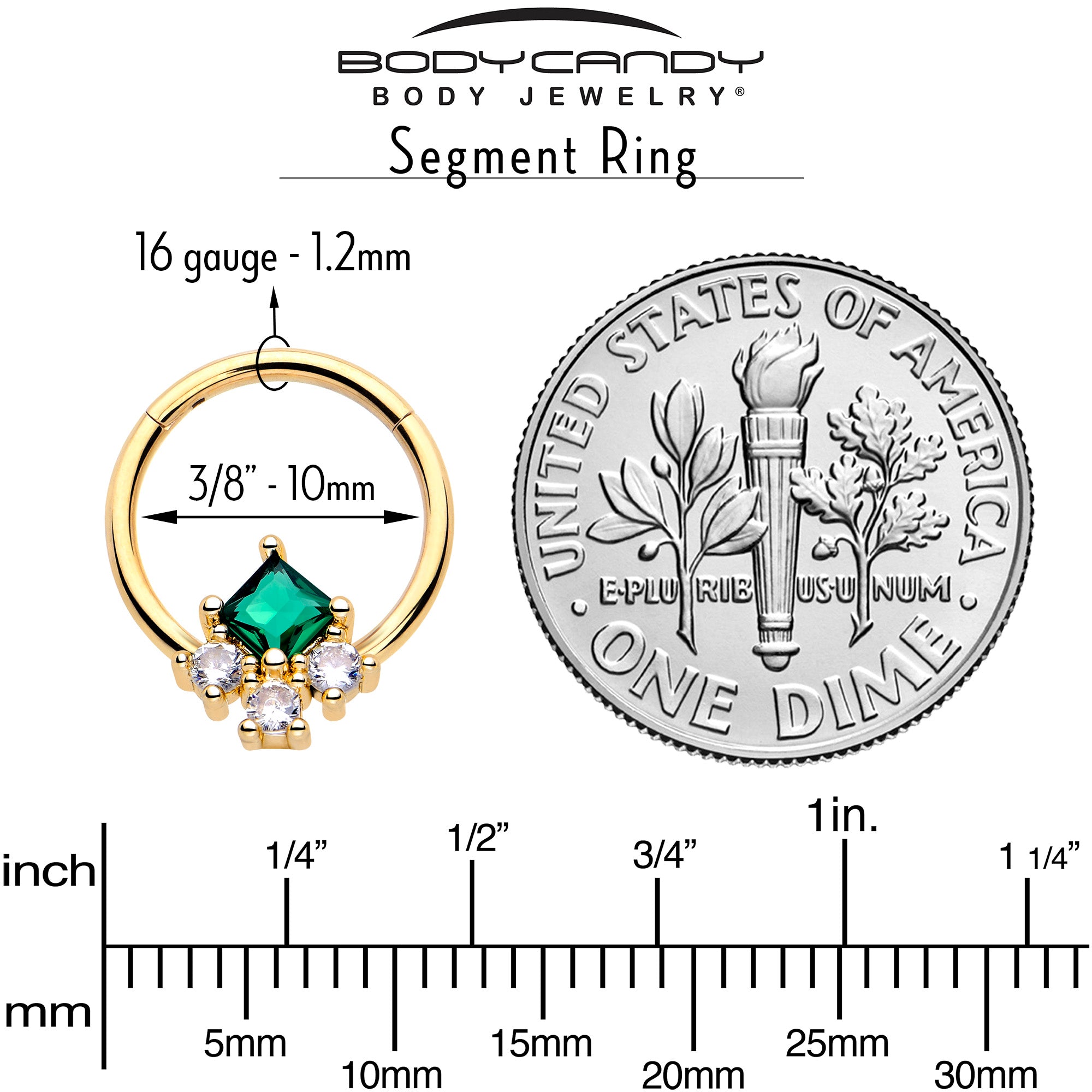 16 Gauge Green CZ Gem Rhombus Riot Hinged Segment Ring