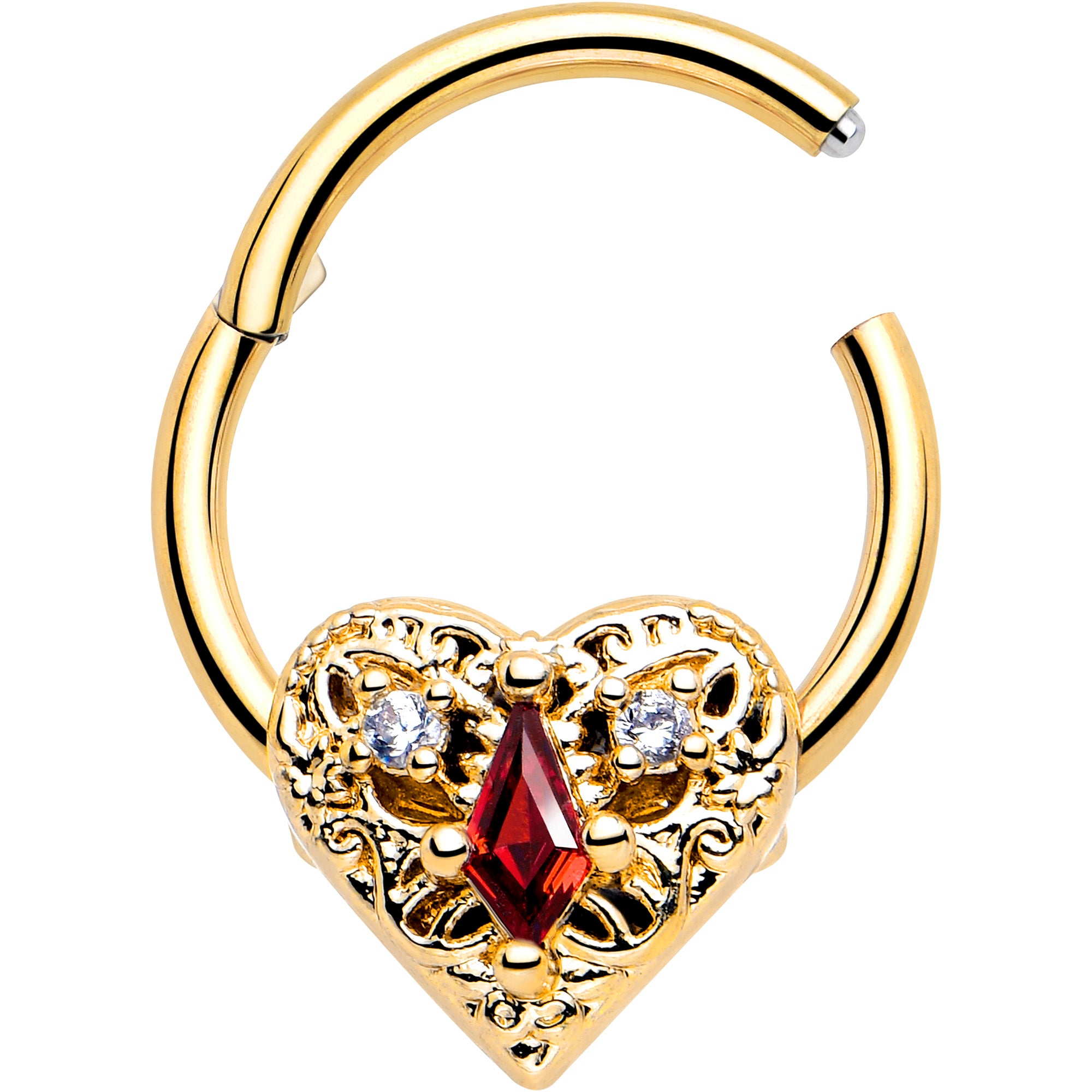 Gold Tone Heart Queen Hinged Segment Ring with Red CZ Gem